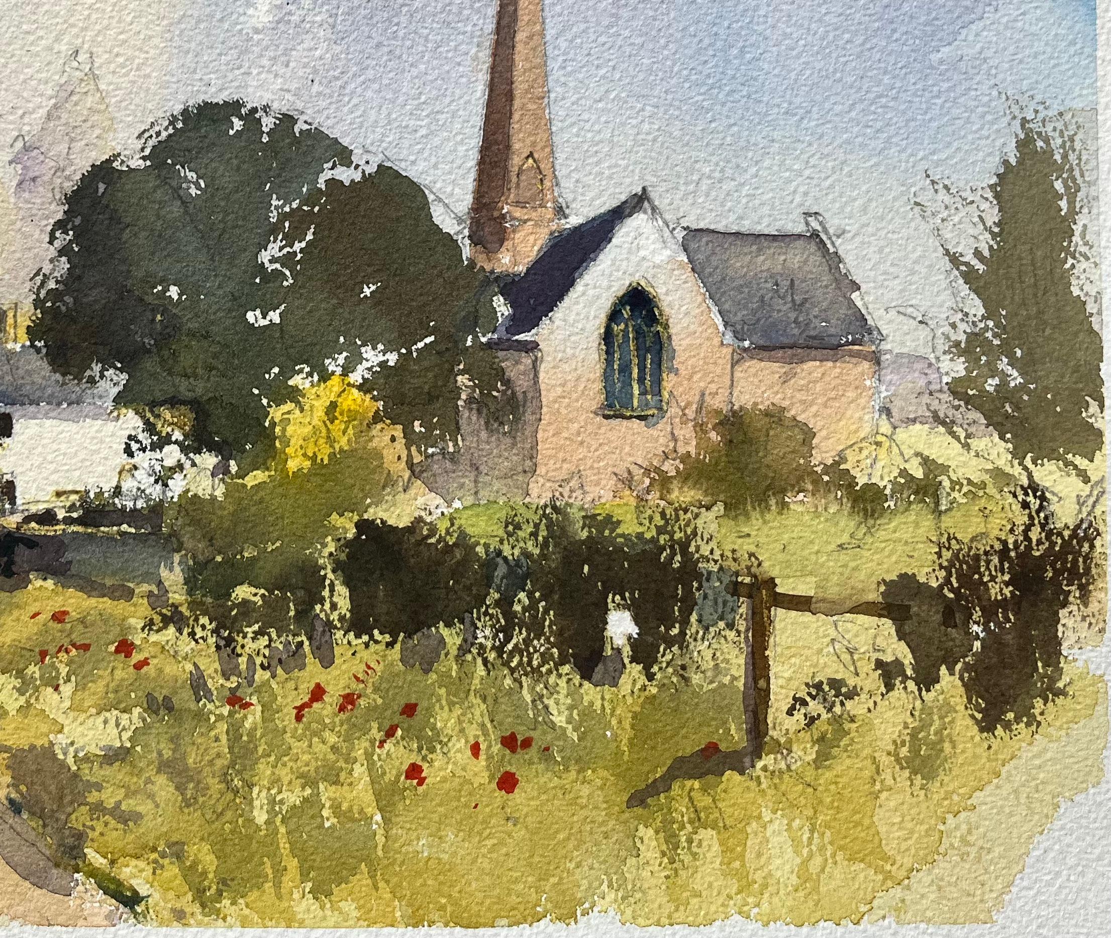 British Impressionist Watercolor of a Village Lane with Church and Figures For Sale 1