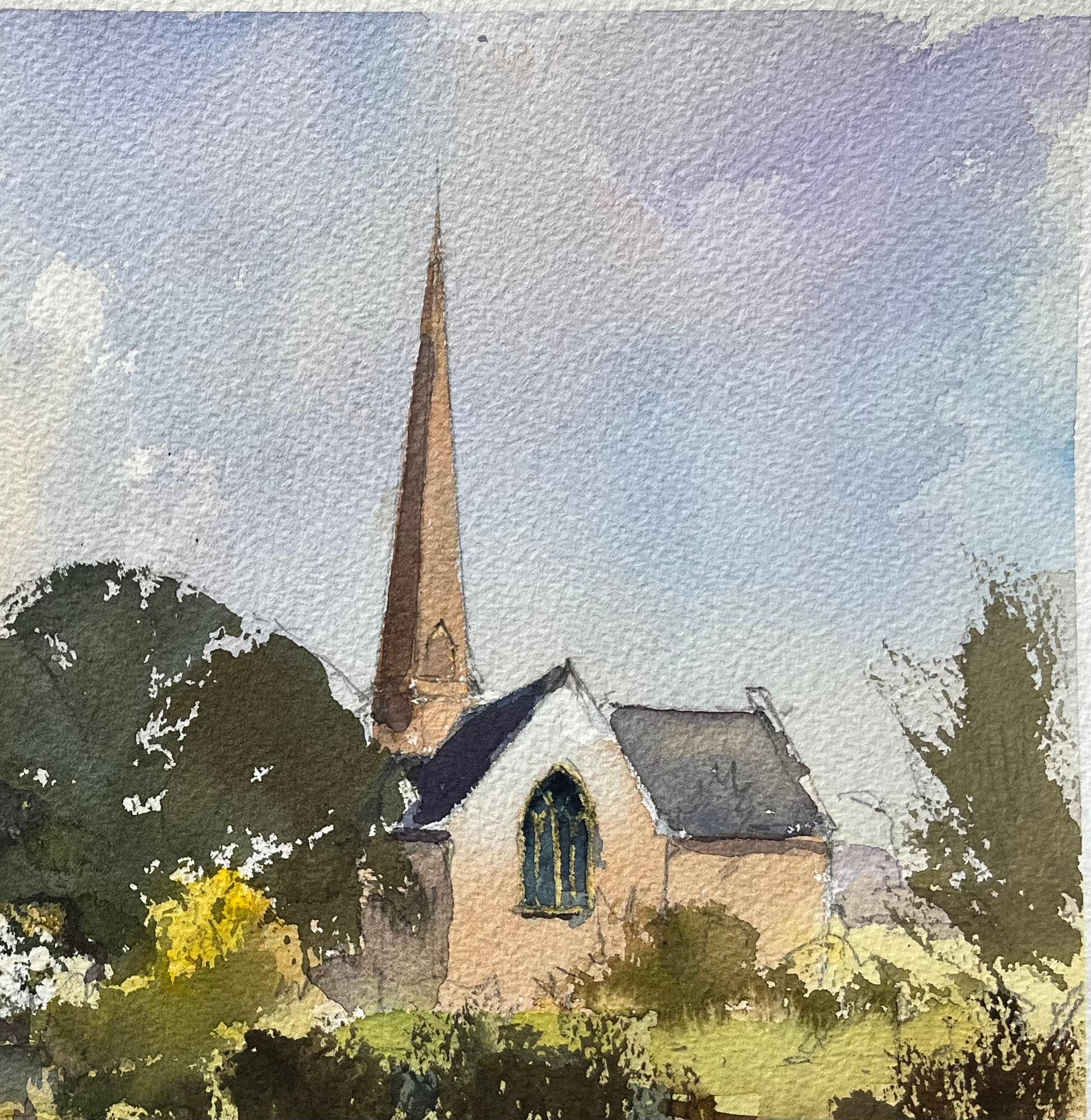 British Impressionist Watercolor of a Village Lane with Church and Figures For Sale 2