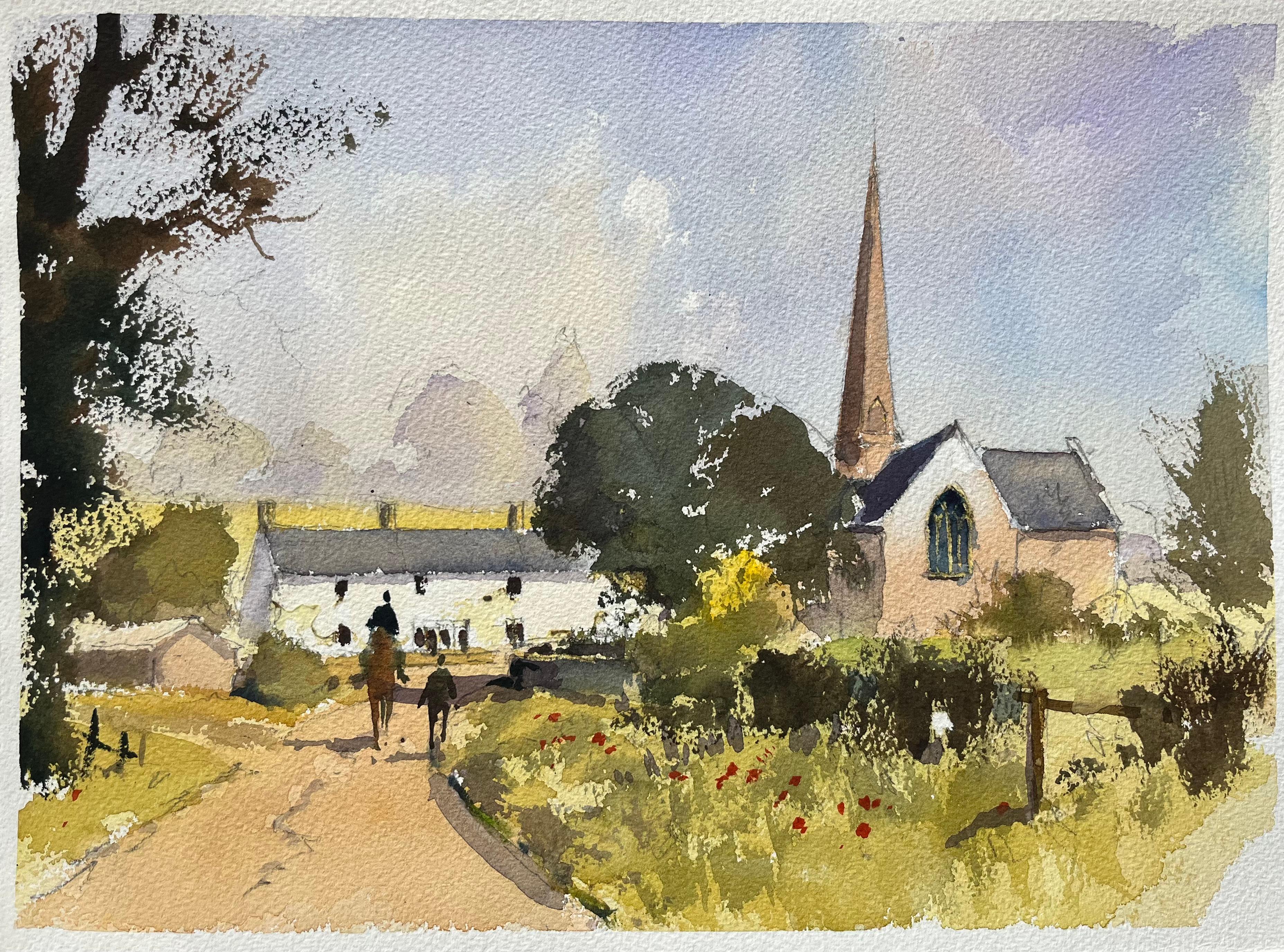 Anthony Avery Landscape Painting - British Impressionist Watercolor of a Village Lane with Church and Figures