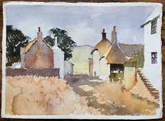 Acuarela impresionista británica de un callejón con casitas de campo