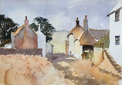 British Impressionist Watercolor of a Village Lane with Cottages