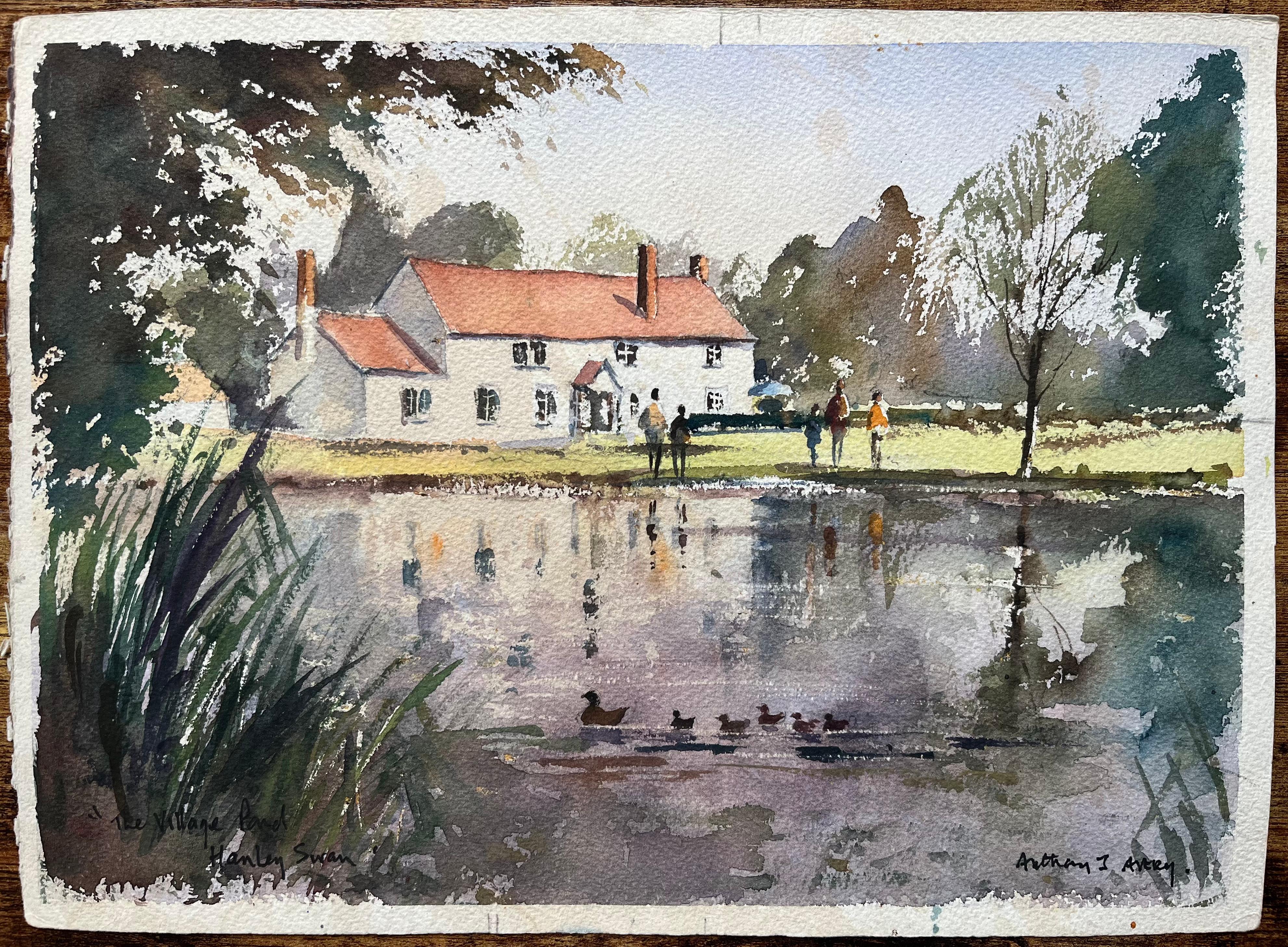 Acuarela impresionista británica de un estanque de pueblo con patos y casita de campo - Painting de Anthony Avery