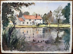 British Impressionist Watercolor of a Village Pond with Ducks and Cottage
