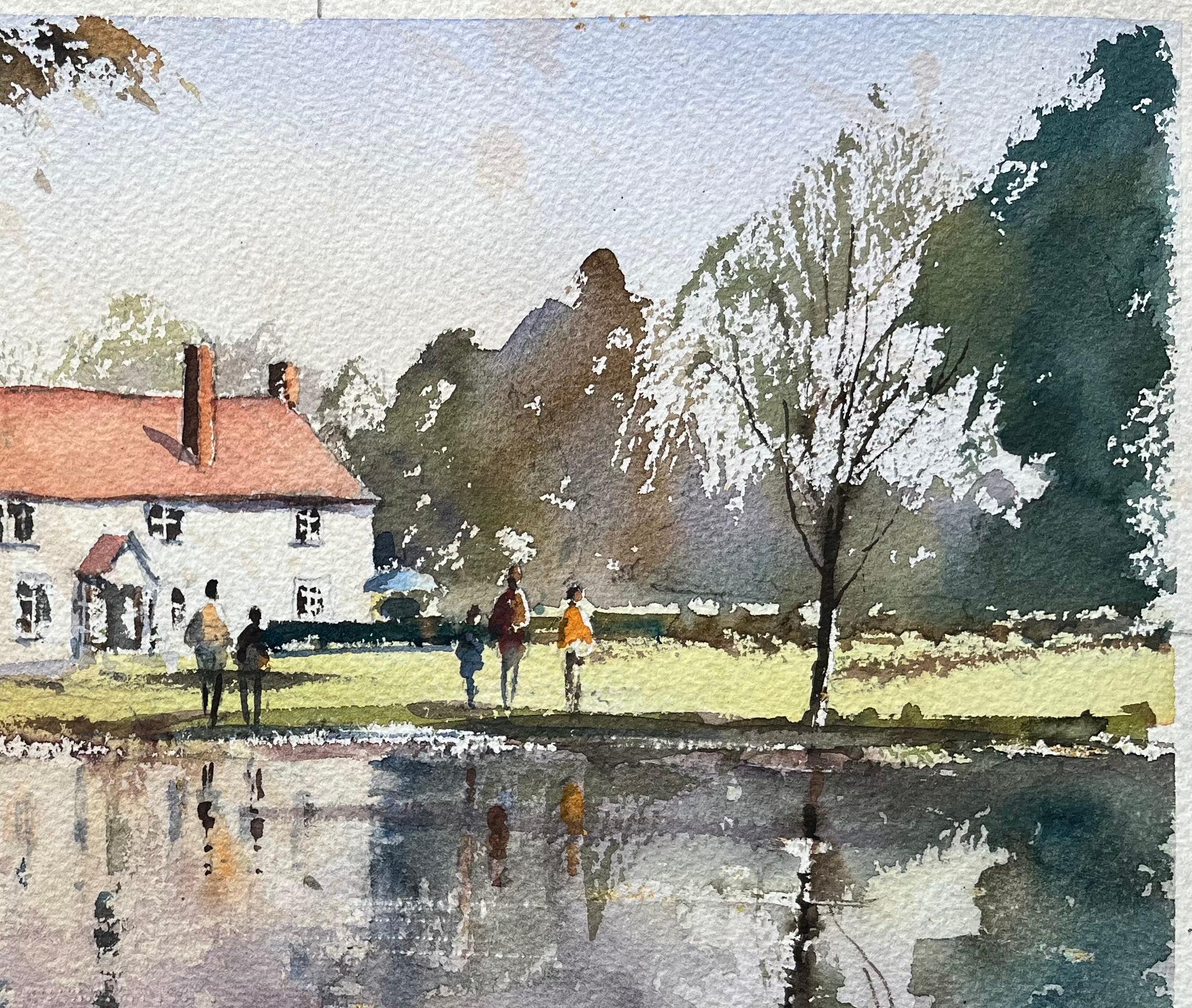 Acuarela impresionista británica de un estanque de pueblo con patos y casita de campo - Painting Impresionista de Anthony Avery