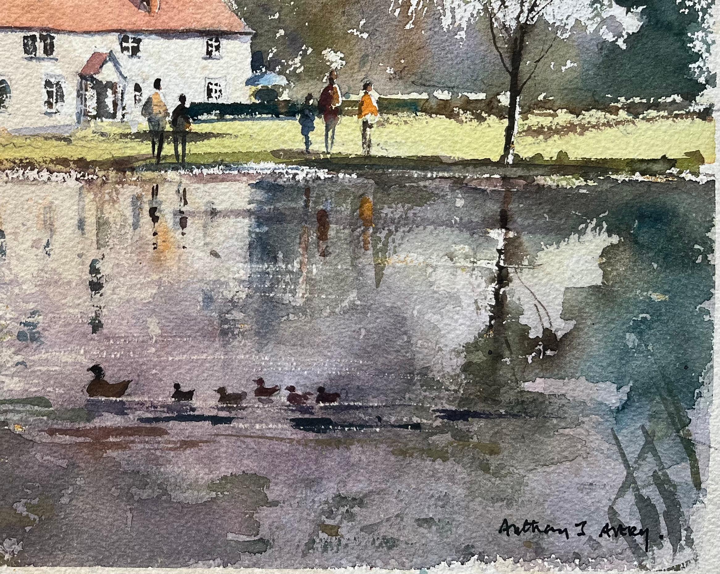 Título: Acuarela impresionista británica de un estanque de pueblo con patos y casita de campo
Por Anthony Avery (británico 1946-2023)
Acuarela original sobre papel de artista, sin enmarcar
Firmado: Sí
Dimensiones: 11 x 15 pulgadas (Alto x