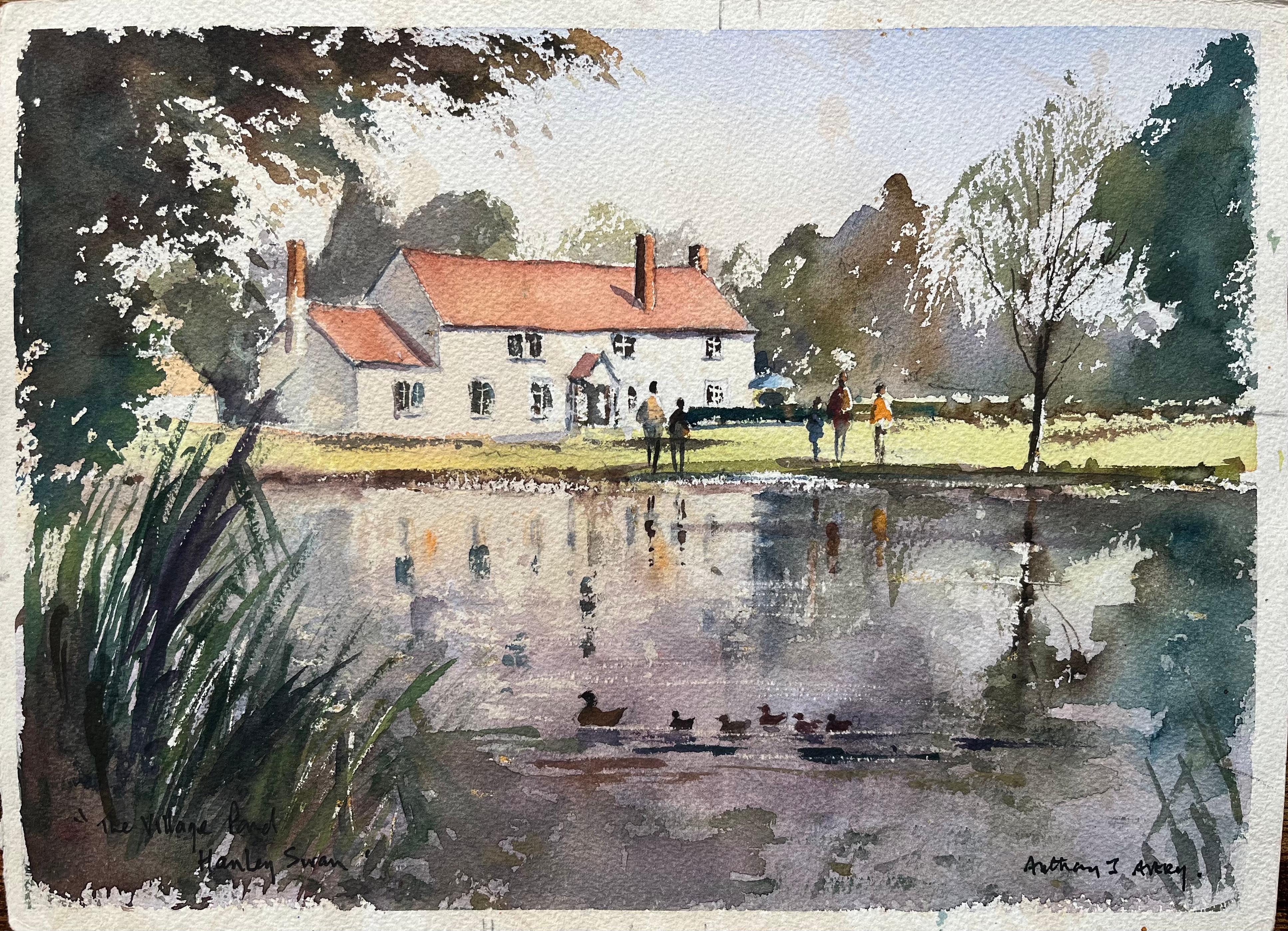 Landscape Painting de Anthony Avery - Acuarela impresionista británica de un estanque de pueblo con patos y casita de campo