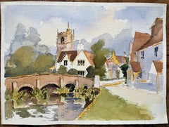 Britisches impressionistisches Aquarell einer Dorfszene mit Kirche und Brücke, British Impressionismus