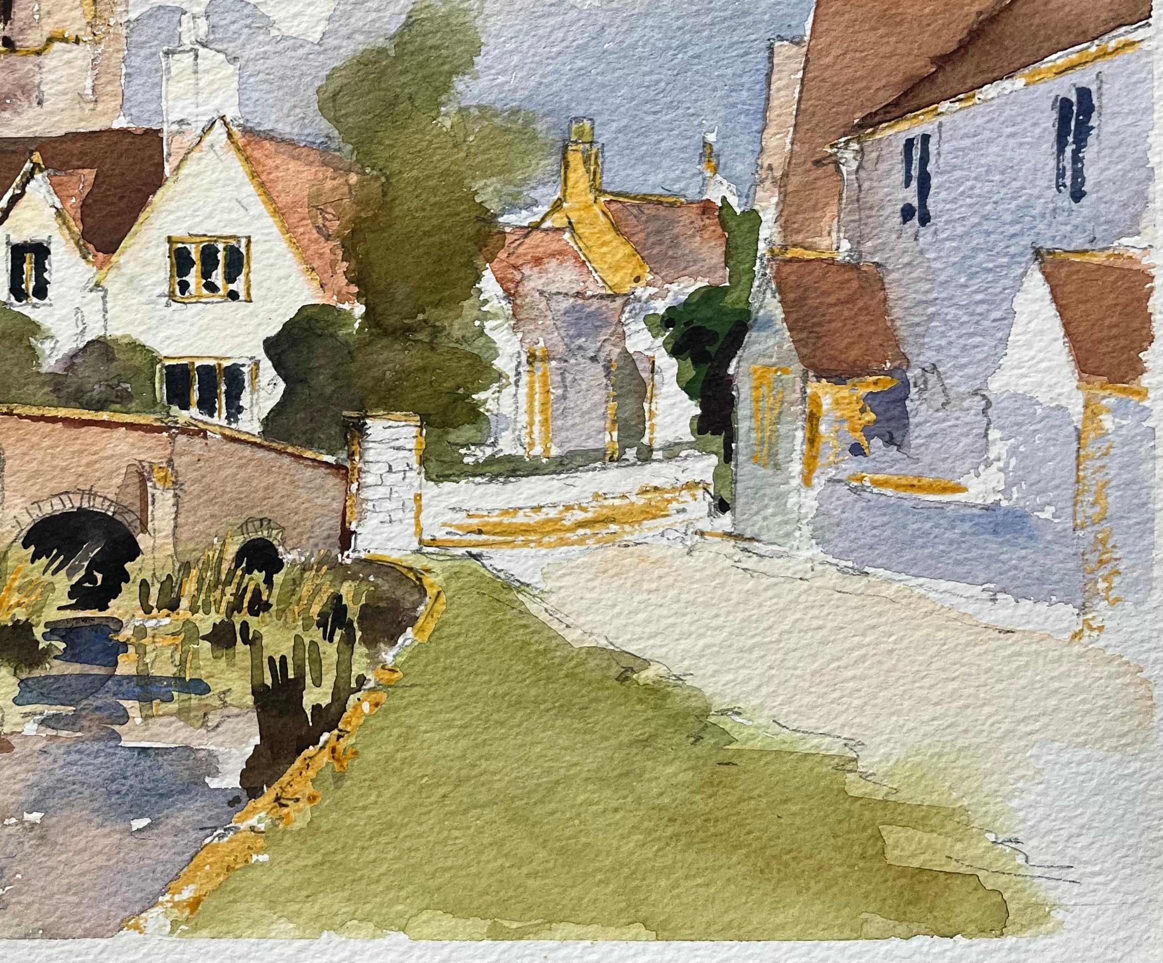 Britisches impressionistisches Aquarell einer Dorfszene mit Kirche und Brücke, British Impressionismus im Angebot 1