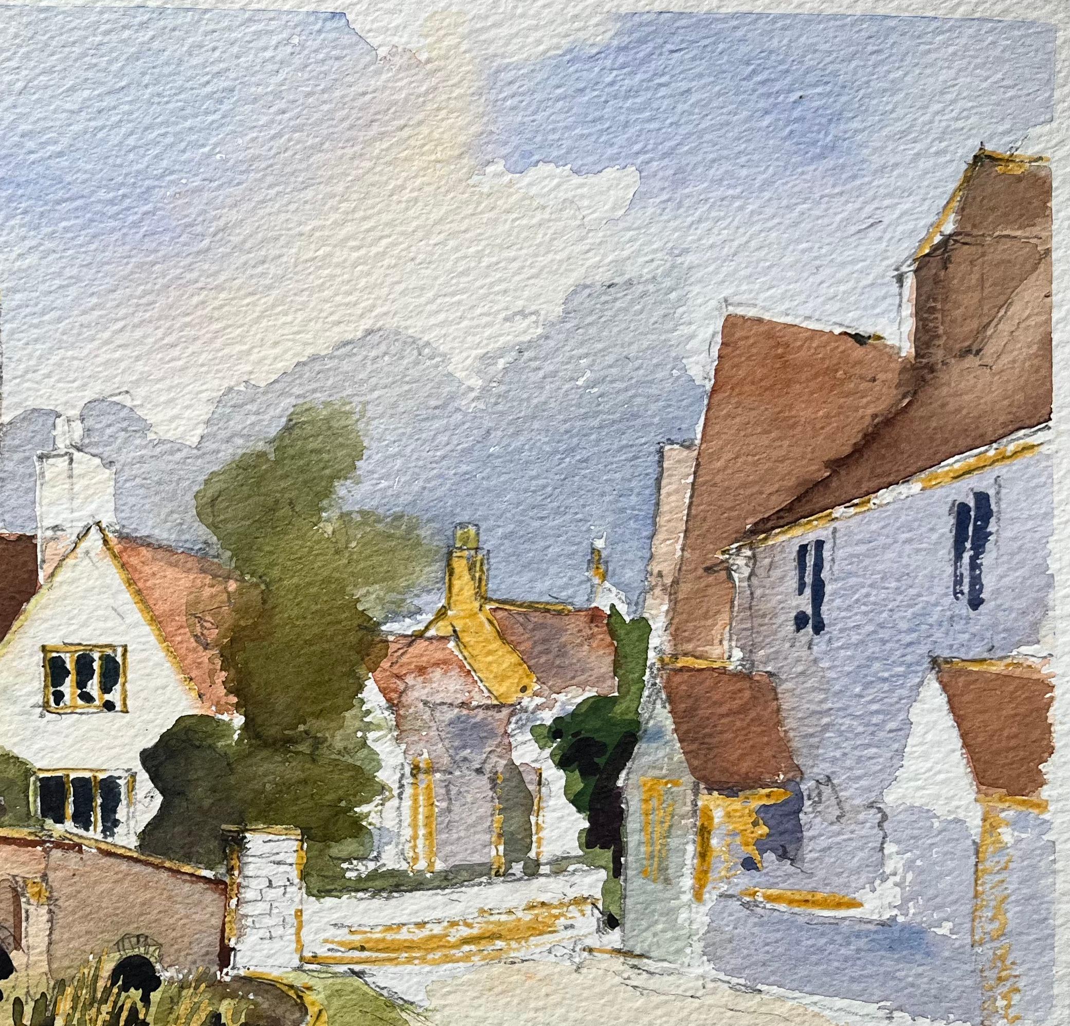 Britisches impressionistisches Aquarell einer Dorfszene mit Kirche und Brücke, British Impressionismus im Angebot 2