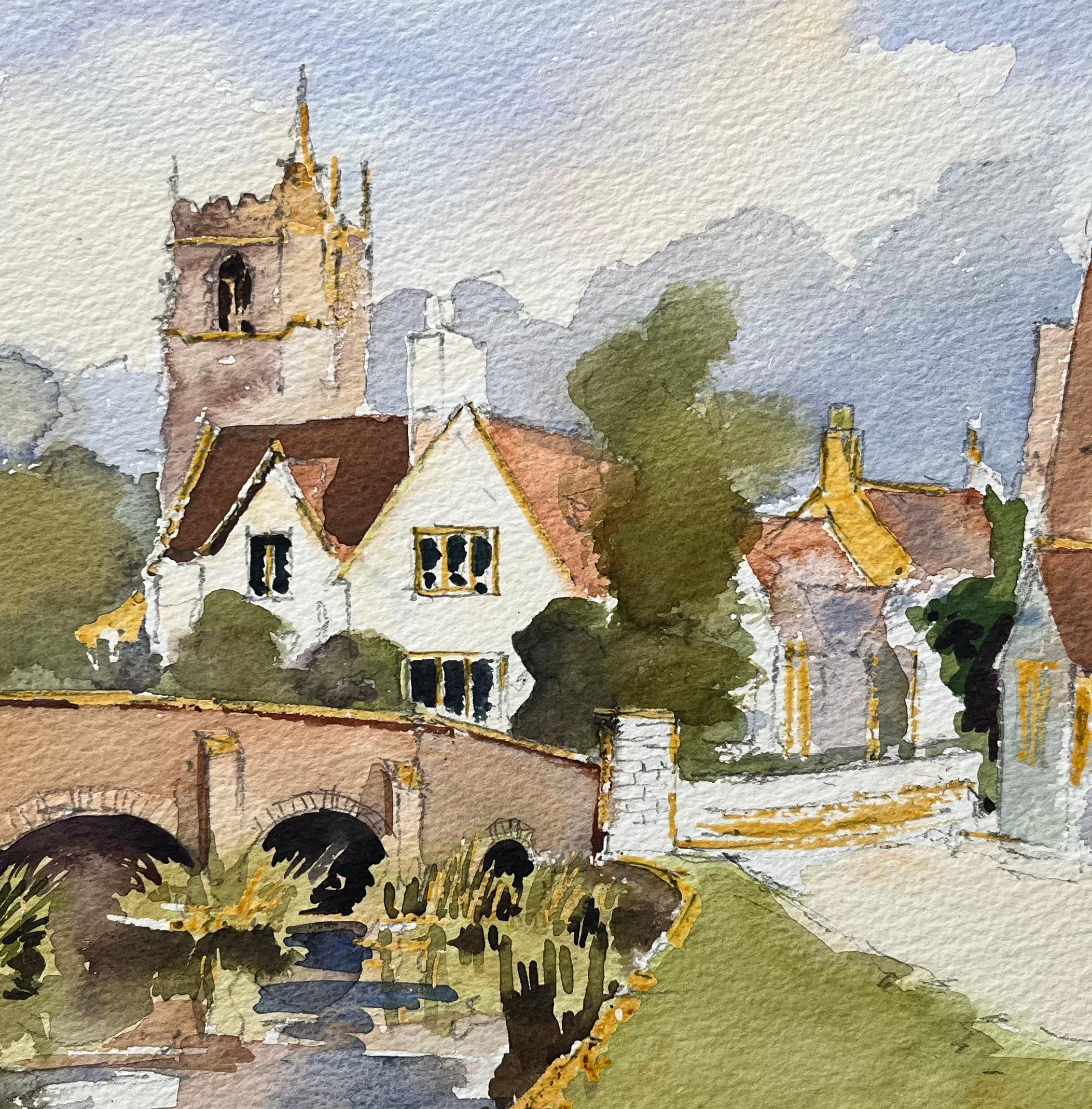Britisches impressionistisches Aquarell einer Dorfszene mit Kirche und Brücke, British Impressionismus im Angebot 3