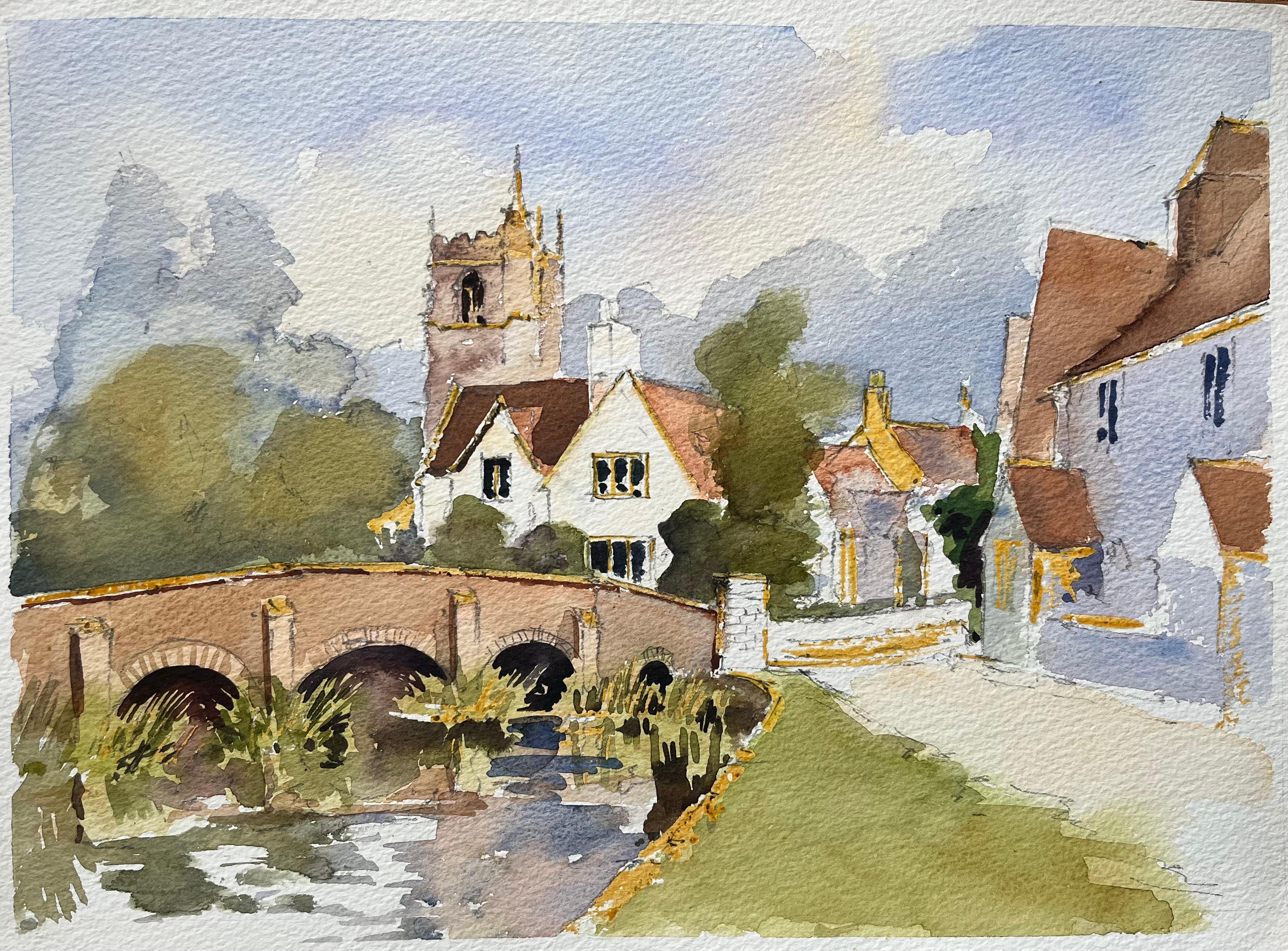 Britisches impressionistisches Aquarell einer Dorfszene mit Kirche und Brücke, British Impressionismus