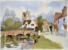 British Impressionist Watercolor of a Village Scene with Church and Bridge