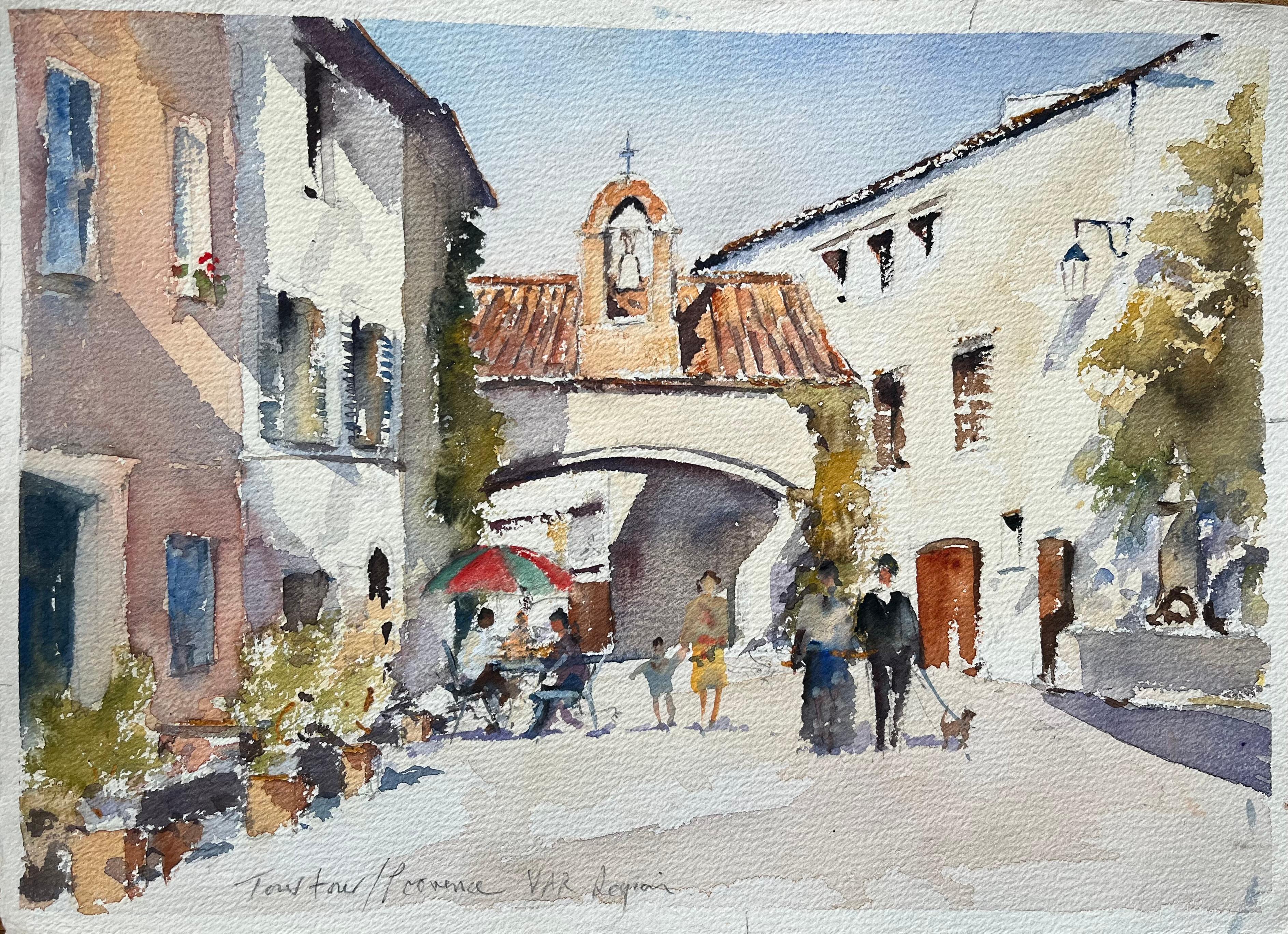 Landscape Painting de Anthony Avery - Acuarela impresionista británica de una plaza de pueblo con figuras y campanario
