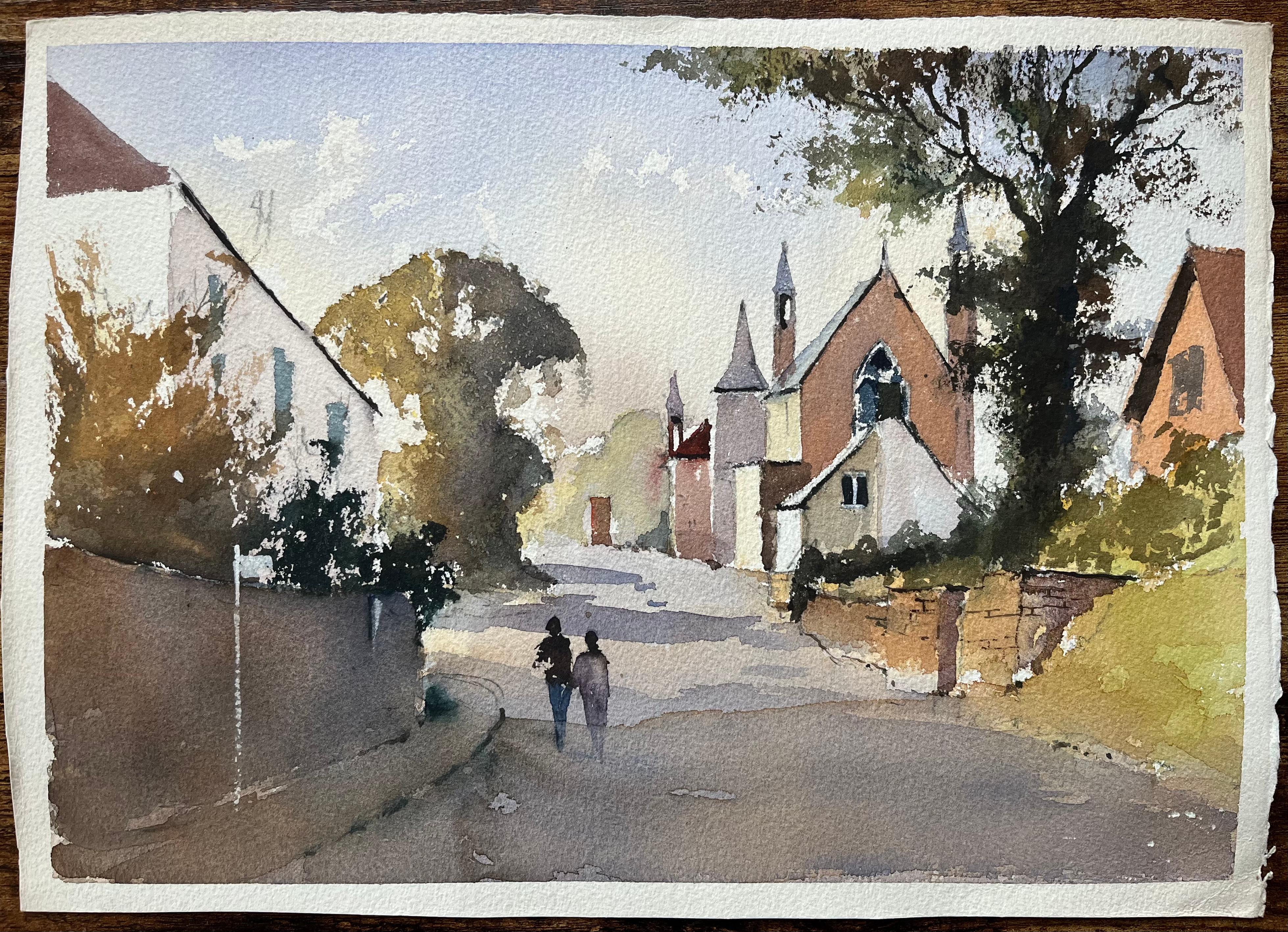 Britisches impressionistisches Aquarell einer Dorfstraße mit Kirche und Figuren, British Impressionismus – Painting von Anthony Avery