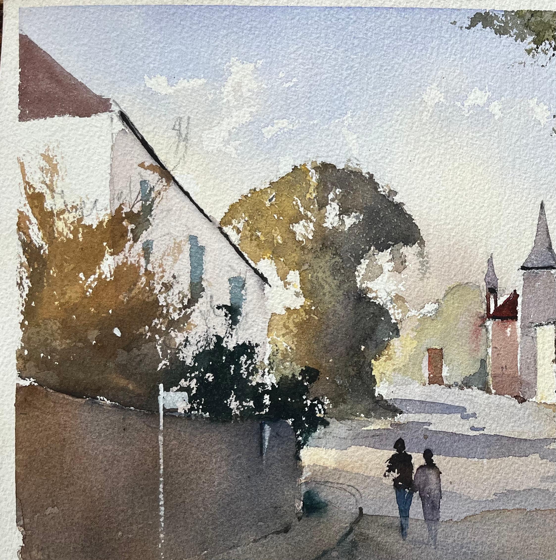 Titel: Britischer Impressionist - Aquarell einer Dorfstraße mit Church's und Figuren
Von Anthony Avery (Brite 1946-2023)
Original-Aquarell auf Künstlerpapier, ungerahmt
Abmessungen: 11 x 15,5 Zoll (Höhe x Breite)
Zustand: Gut, mit leichten