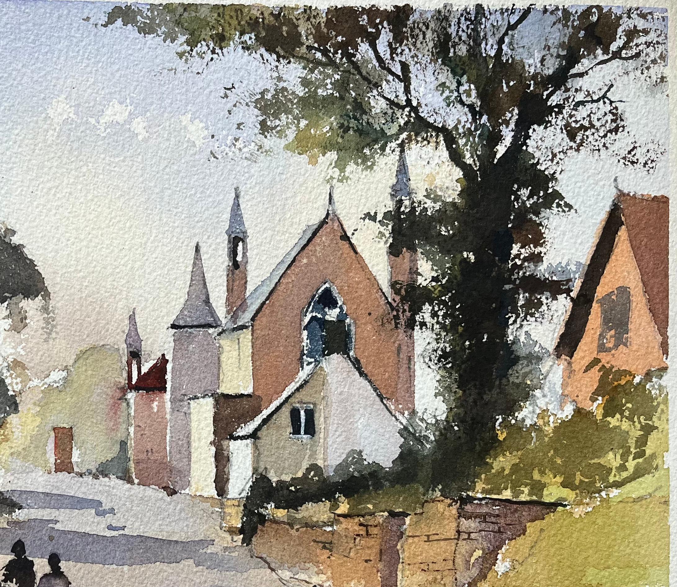 Britisches impressionistisches Aquarell einer Dorfstraße mit Kirche und Figuren, British Impressionismus im Angebot 1