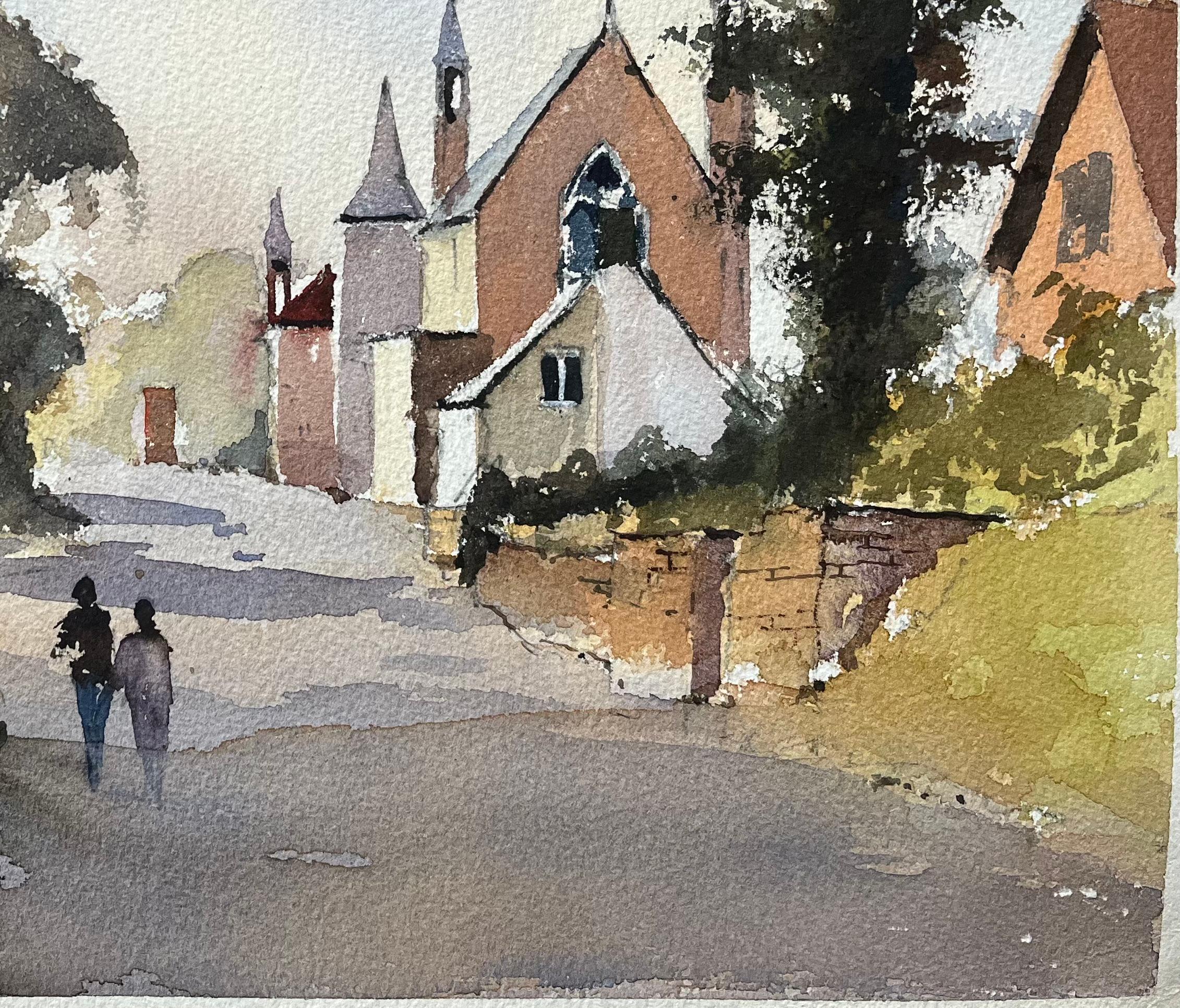Britisches impressionistisches Aquarell einer Dorfstraße mit Kirche und Figuren, British Impressionismus im Angebot 2