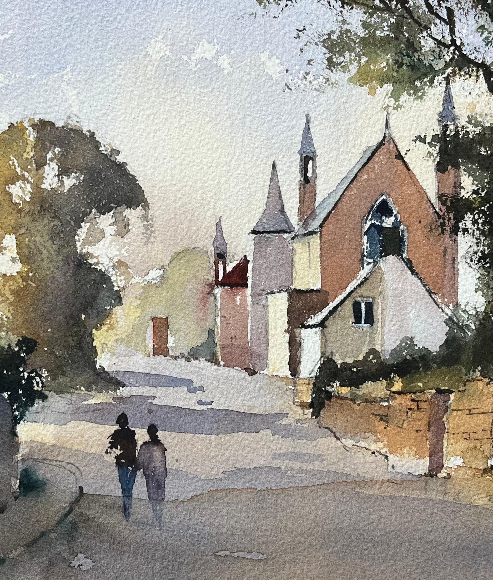 Britisches impressionistisches Aquarell einer Dorfstraße mit Kirche und Figuren, British Impressionismus im Angebot 3