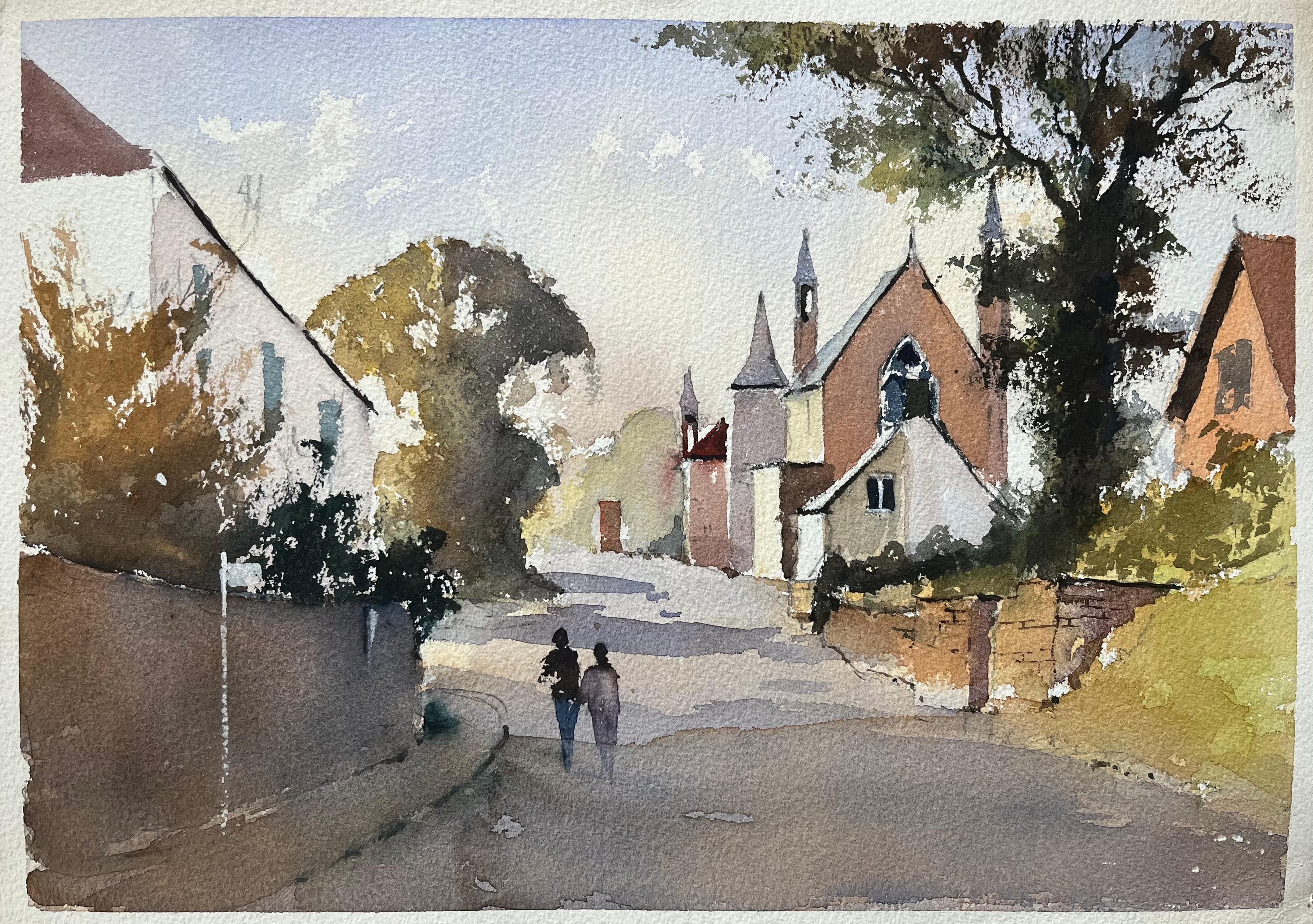 Britisches impressionistisches Aquarell einer Dorfstraße mit Kirche und Figuren, British Impressionismus