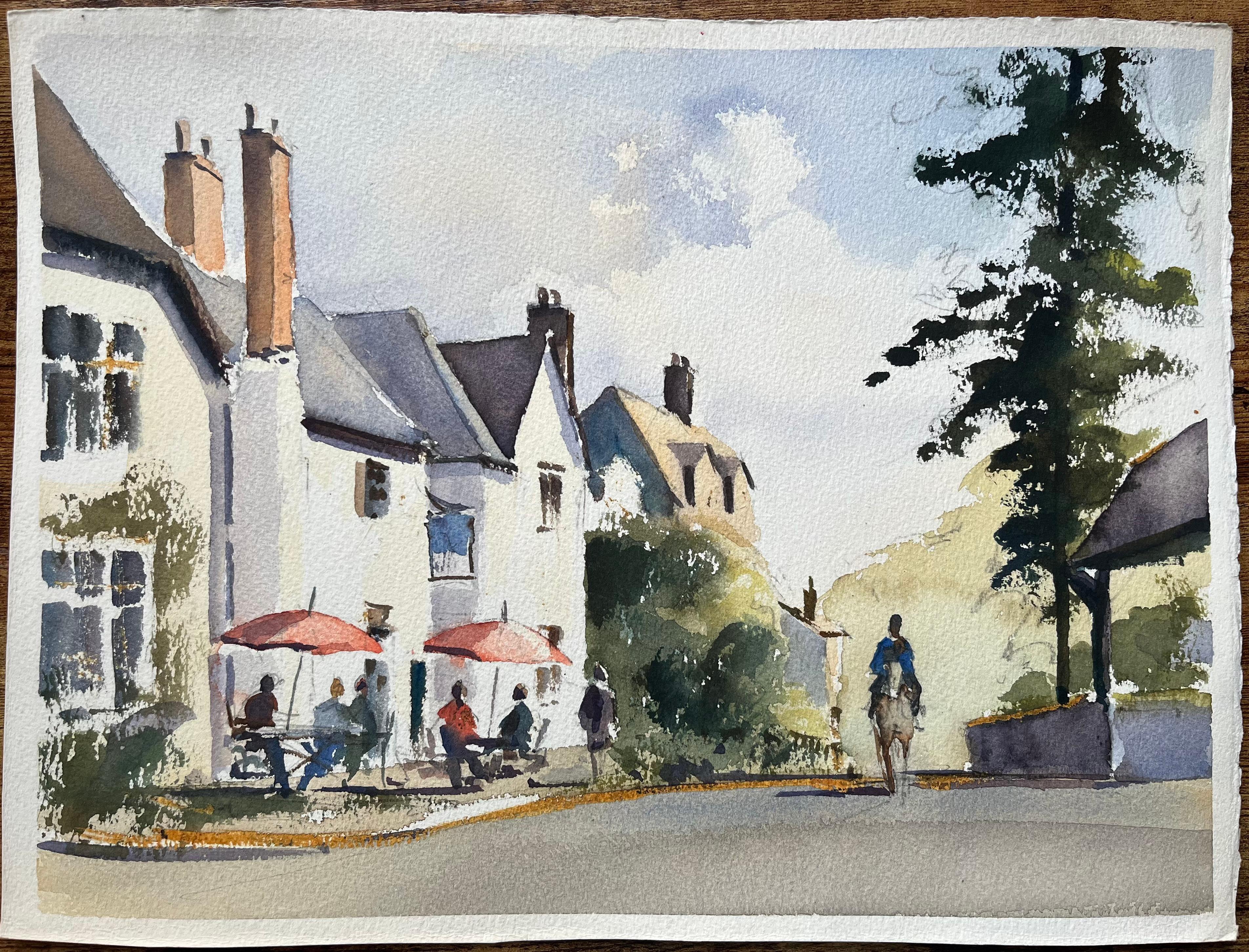 Aquarelle impressionniste britannique d'une rue de village avec un café en plein air et un cheval - Painting de Anthony Avery