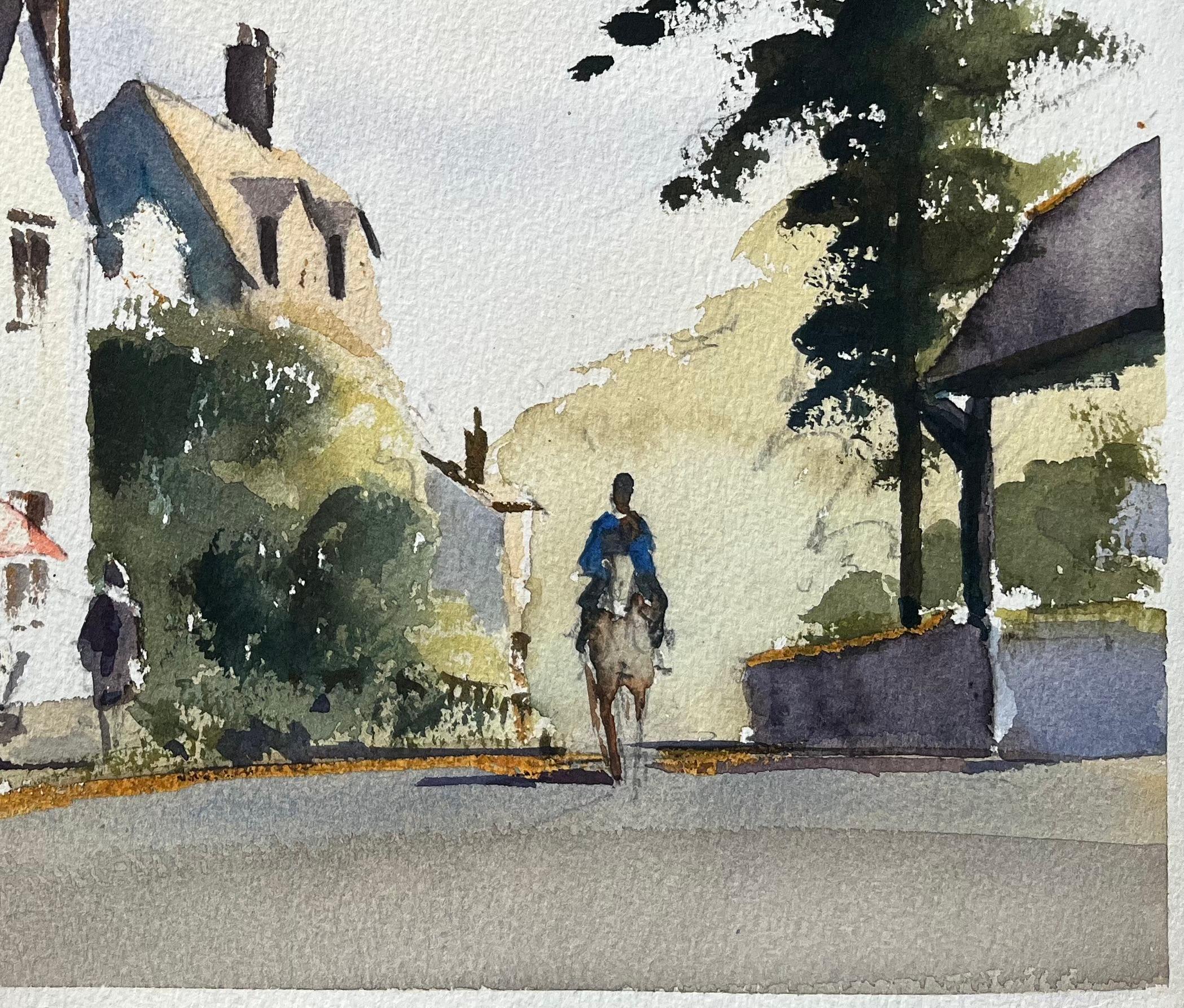 Aquarelle impressionniste britannique d'une rue de village avec un café en plein air et un cheval - Impressionnisme Painting par Anthony Avery