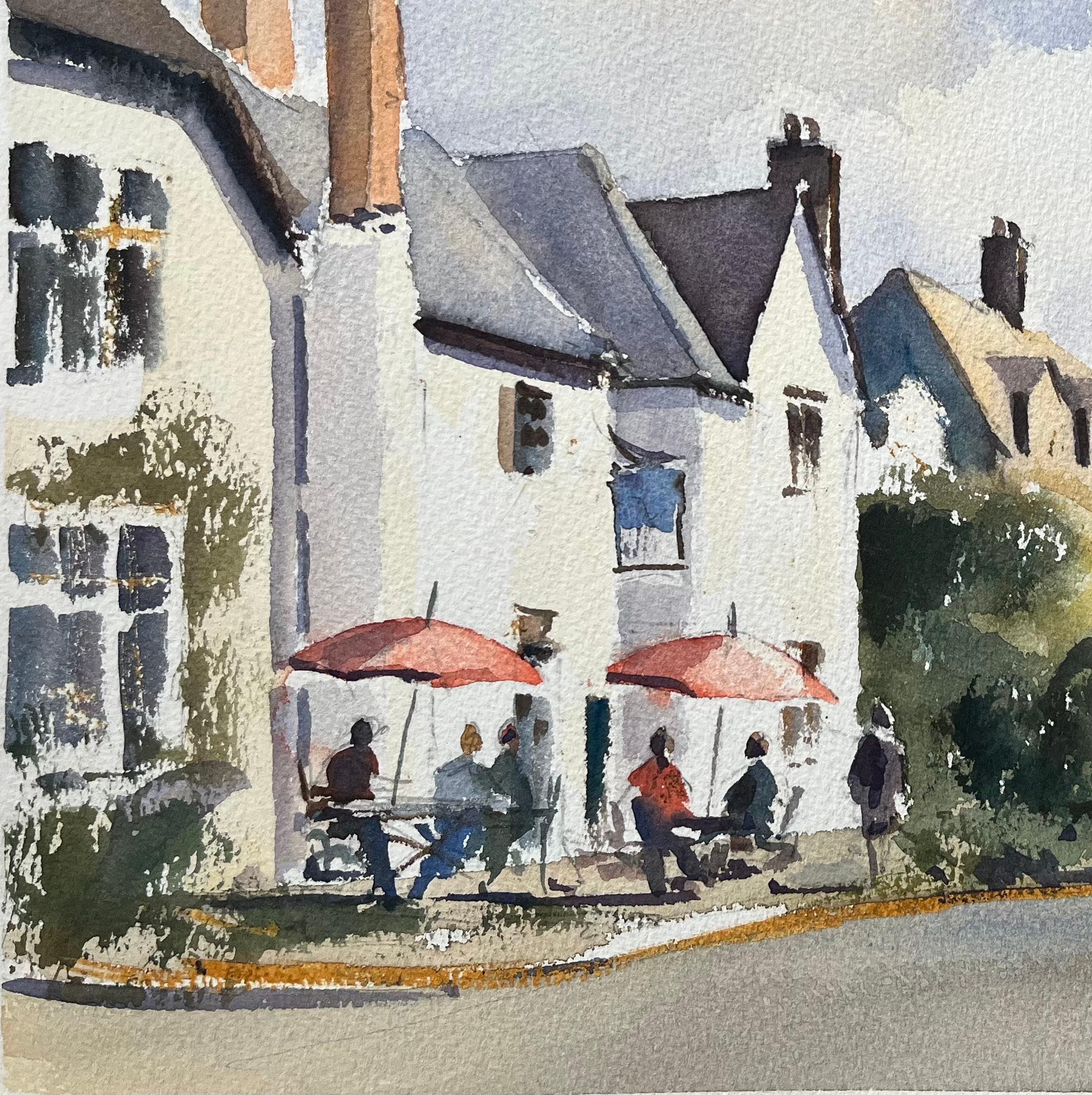 Titre : Aquarelle impressionniste britannique d'une rue de village avec un café en plein air et un cavalier
Par Anthony Avery (britannique 1946-2023)
Aquarelle originale sur papier d'artiste, non encadrée
Dimensions : 11.25 x 15 pouces (hauteur x