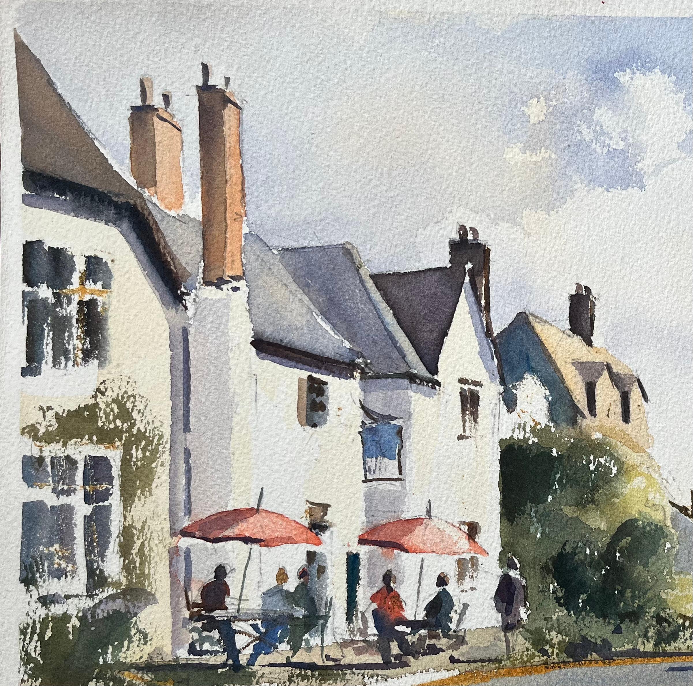 Aquarelle impressionniste britannique d'une rue de village avec un café en plein air et un cheval en vente 1
