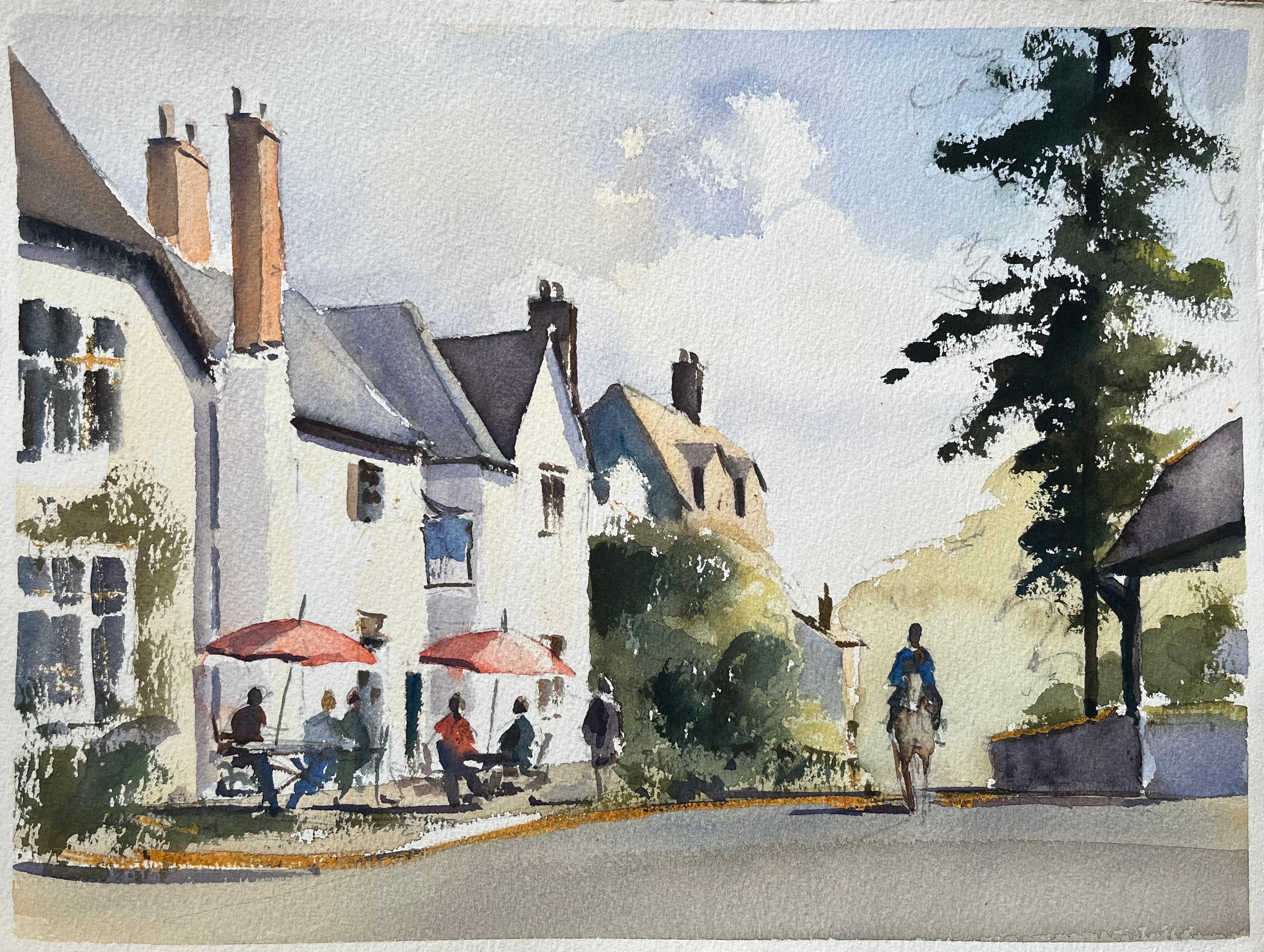 Britischer Impressionist Aquarell einer Dorfstraße mit Café und Pferd im Freien
