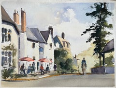British Impressionist Watercolor of a Village Street with Outdoor Café and Horse