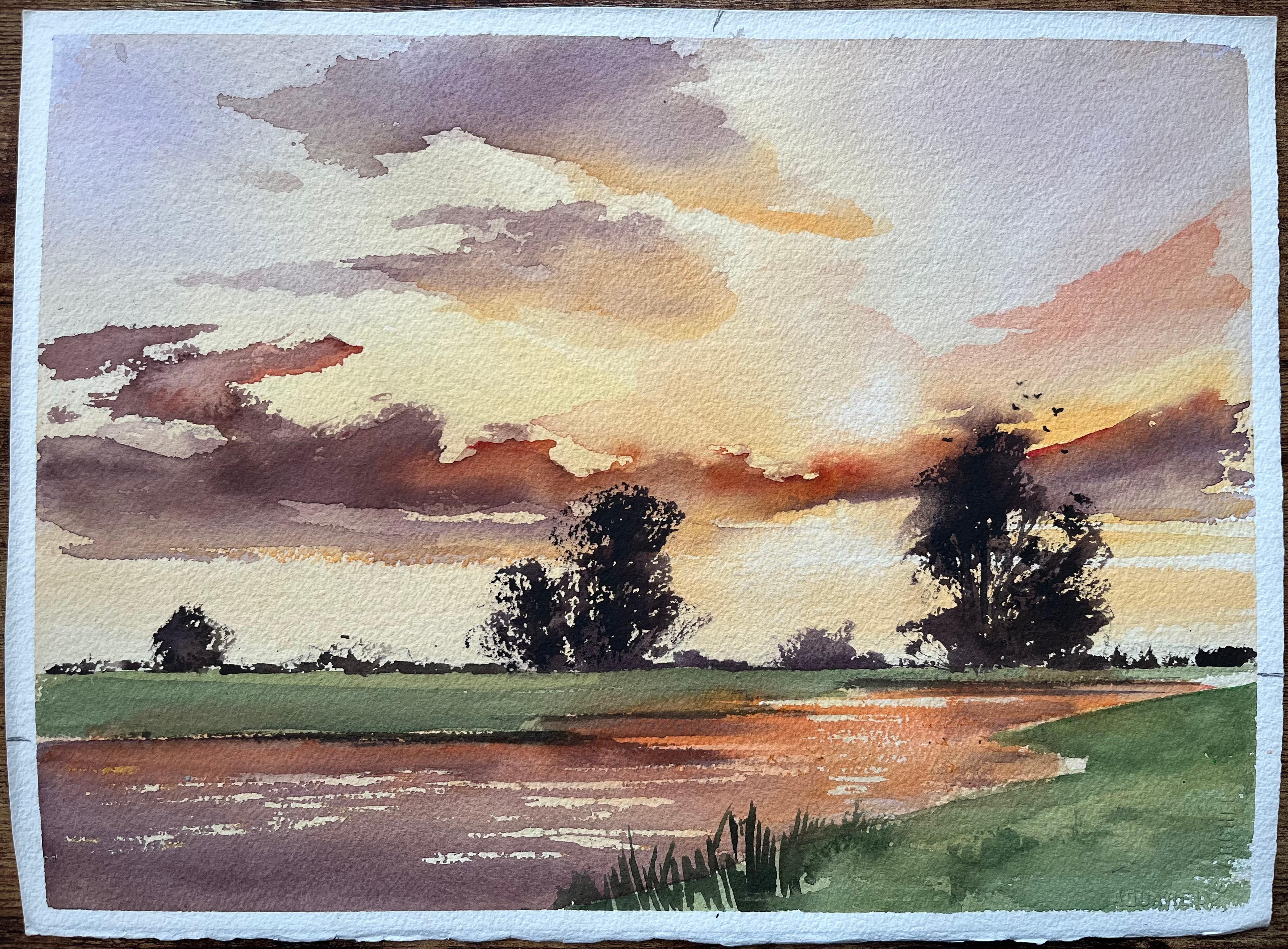 Aquarelle impressionniste britannique d'un coucher de soleil Vivid sur une campagne paisible - Painting de Anthony Avery