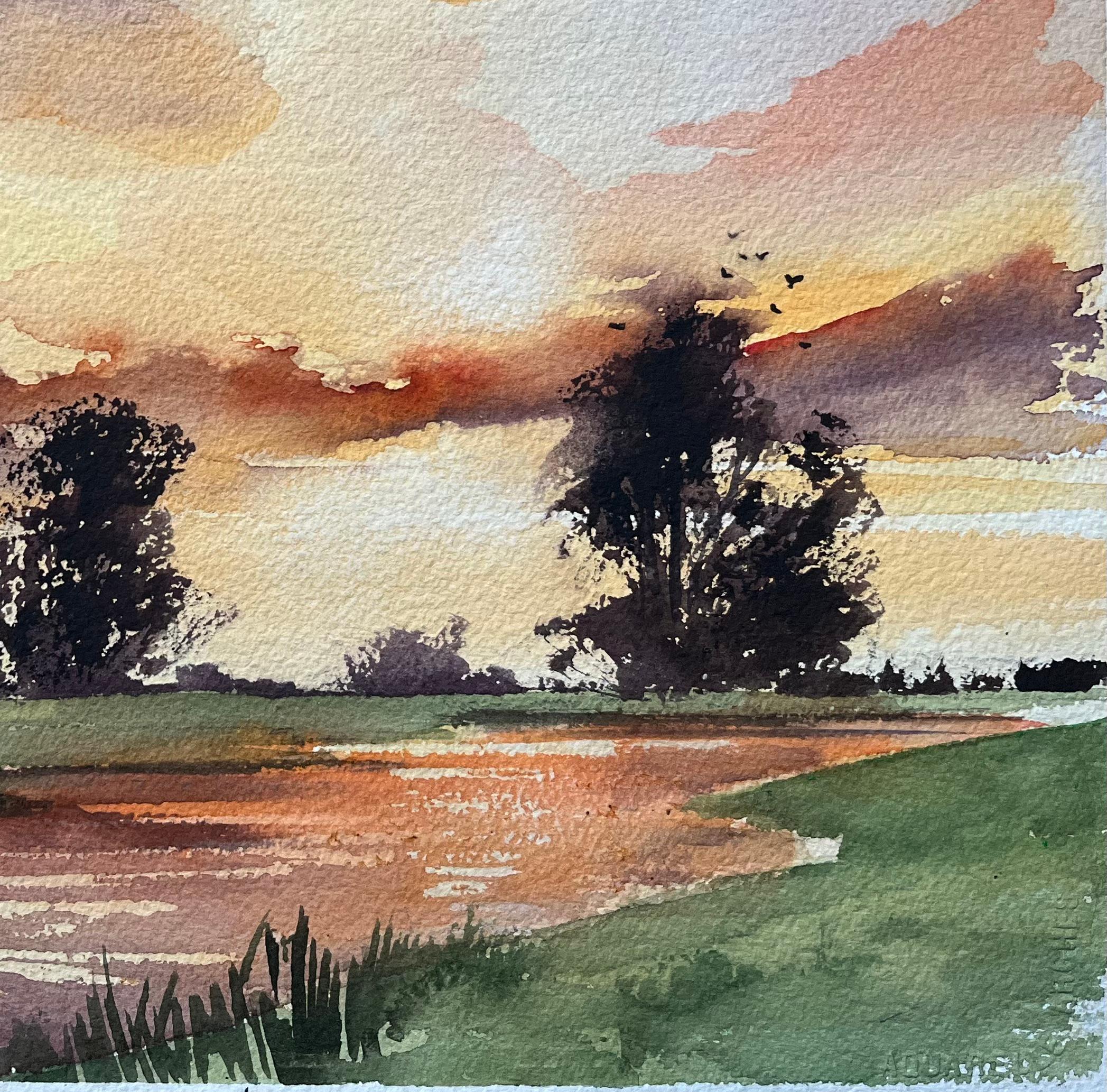 Aquarelle impressionniste britannique d'un coucher de soleil Vivid sur une campagne paisible - Impressionnisme Painting par Anthony Avery
