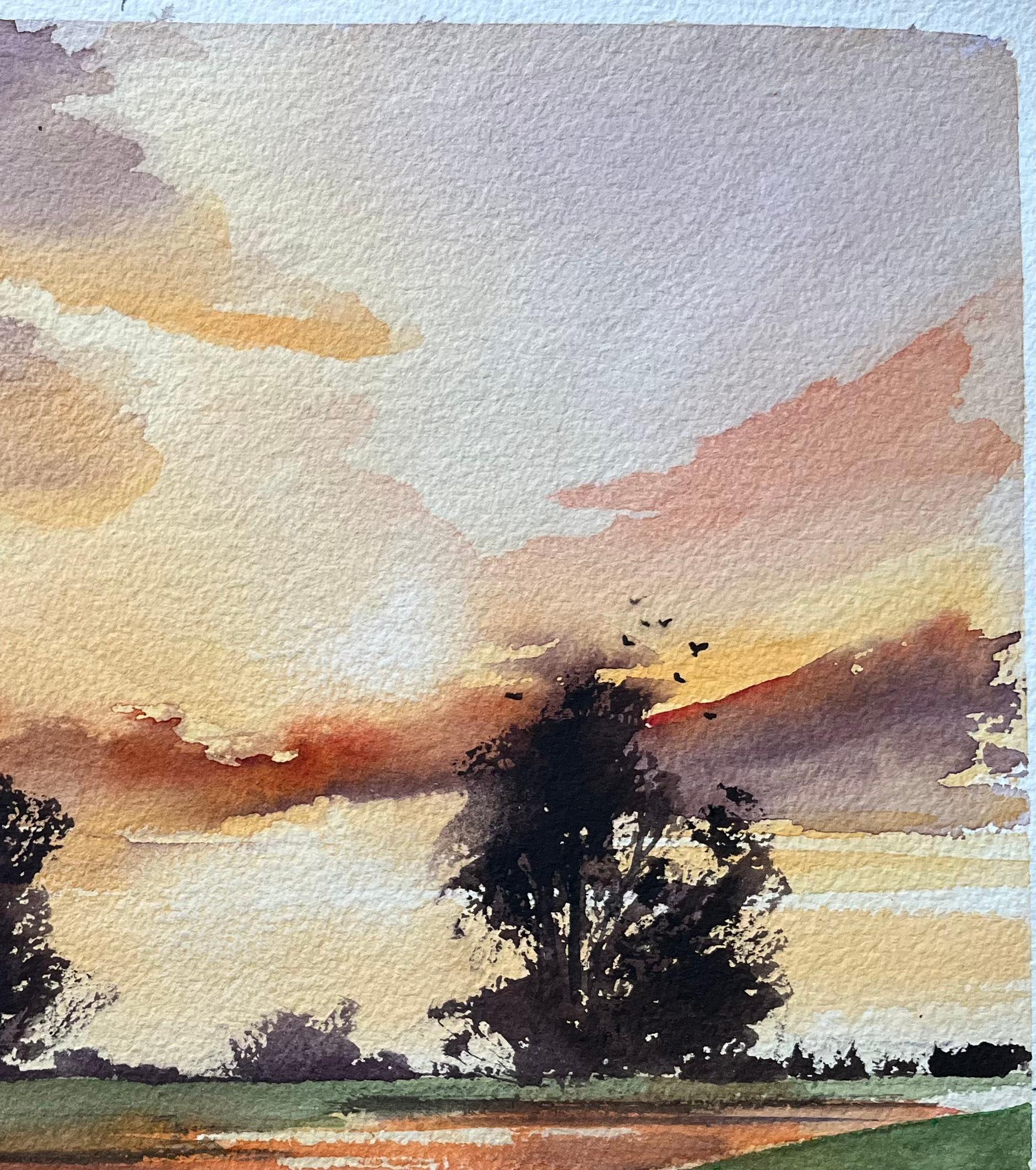 Aquarelle impressionniste britannique d'un coucher de soleil Vivid sur une campagne paisible - Gris Landscape Painting par Anthony Avery
