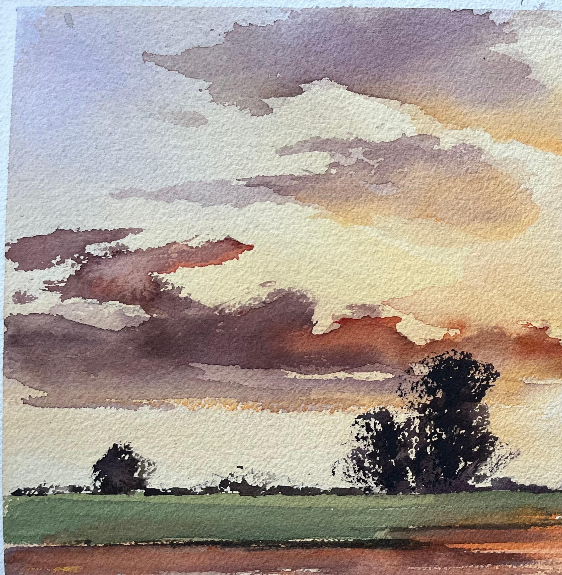 Aquarelle impressionniste britannique d'un coucher de soleil Vivid sur une campagne paisible en vente 1