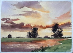 Britischer Impressionist Aquarell eines Vivid Sonnenuntergang über eine ruhige Landschaft