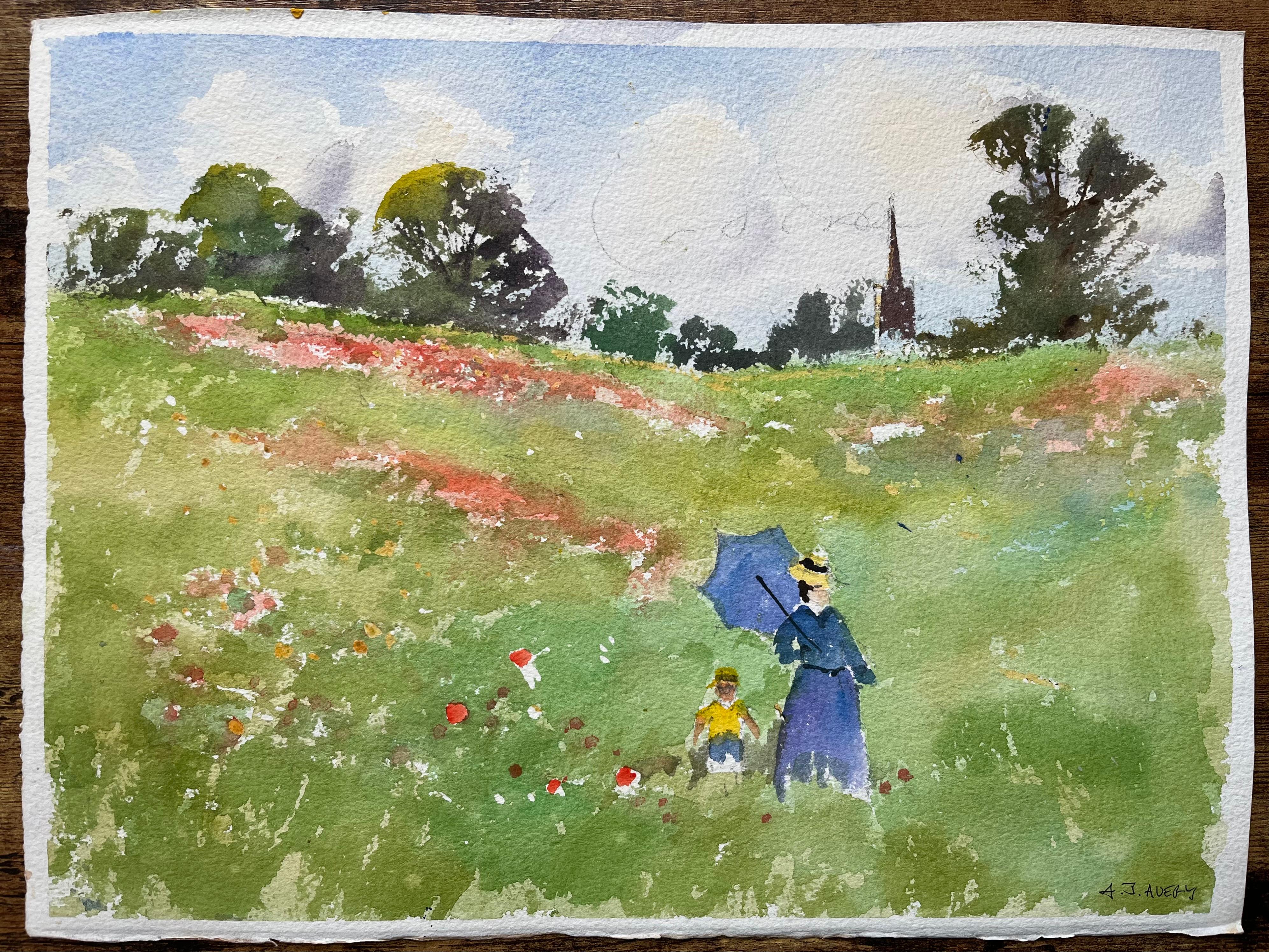 Britischer Impressionist Aquarell einer Frau und Kind in Blumenwiese – Painting von Anthony Avery