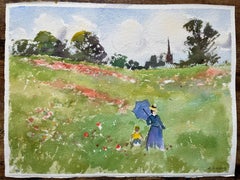 British Impressionist Watercolor of a Woman and Child in Flower Meadow