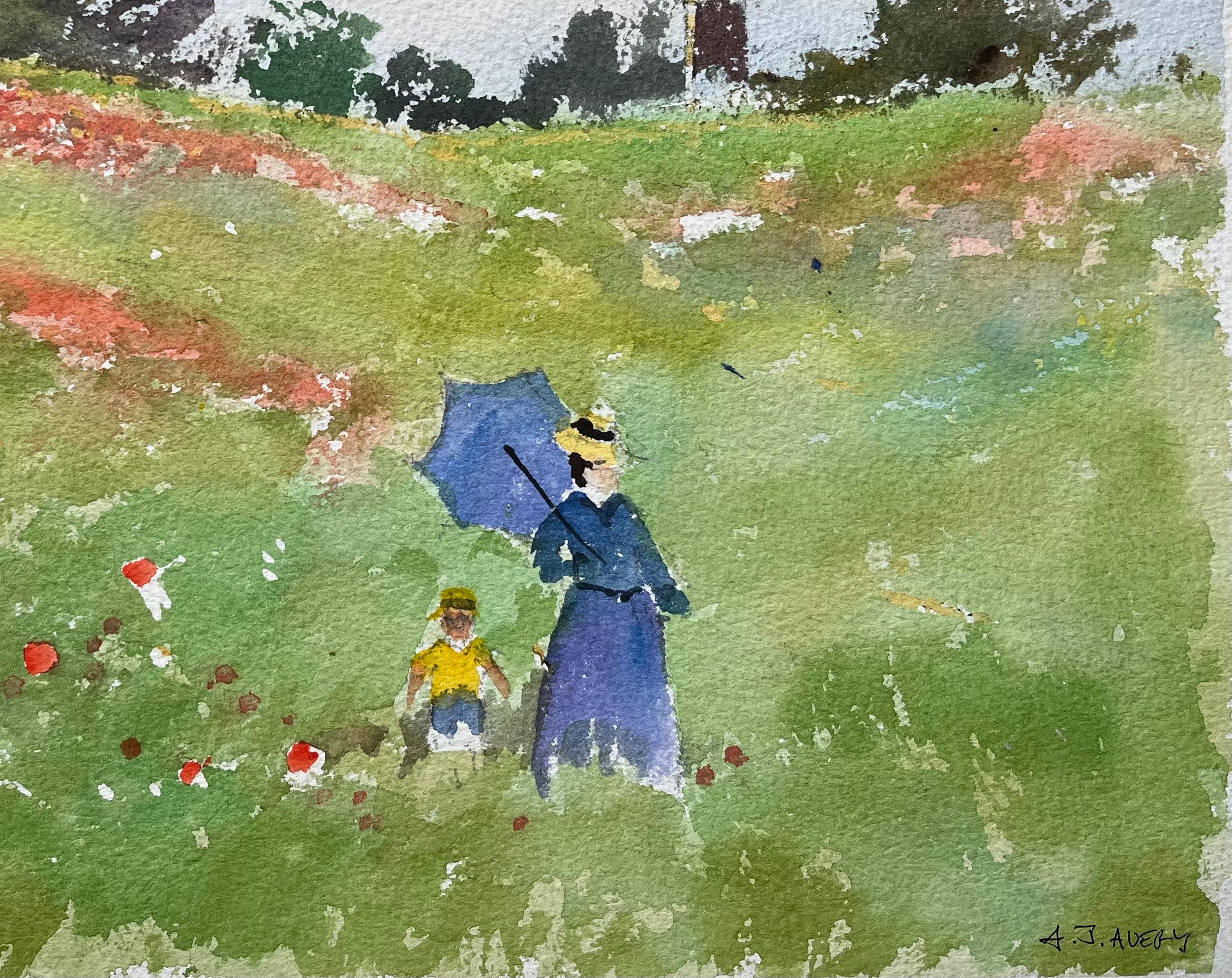 Britischer Impressionist Aquarell einer Frau und Kind in Blumenwiese (Impressionismus), Painting, von Anthony Avery
