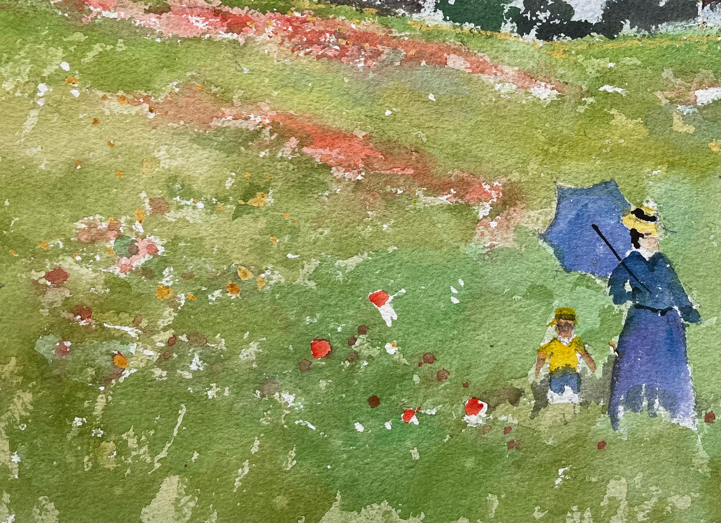 Britischer Impressionist Aquarell einer Frau und Kind in Blumenwiese im Angebot 1