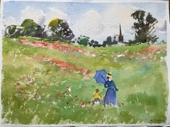 Britischer Impressionist Aquarell einer Frau und Kind in Blumenwiese