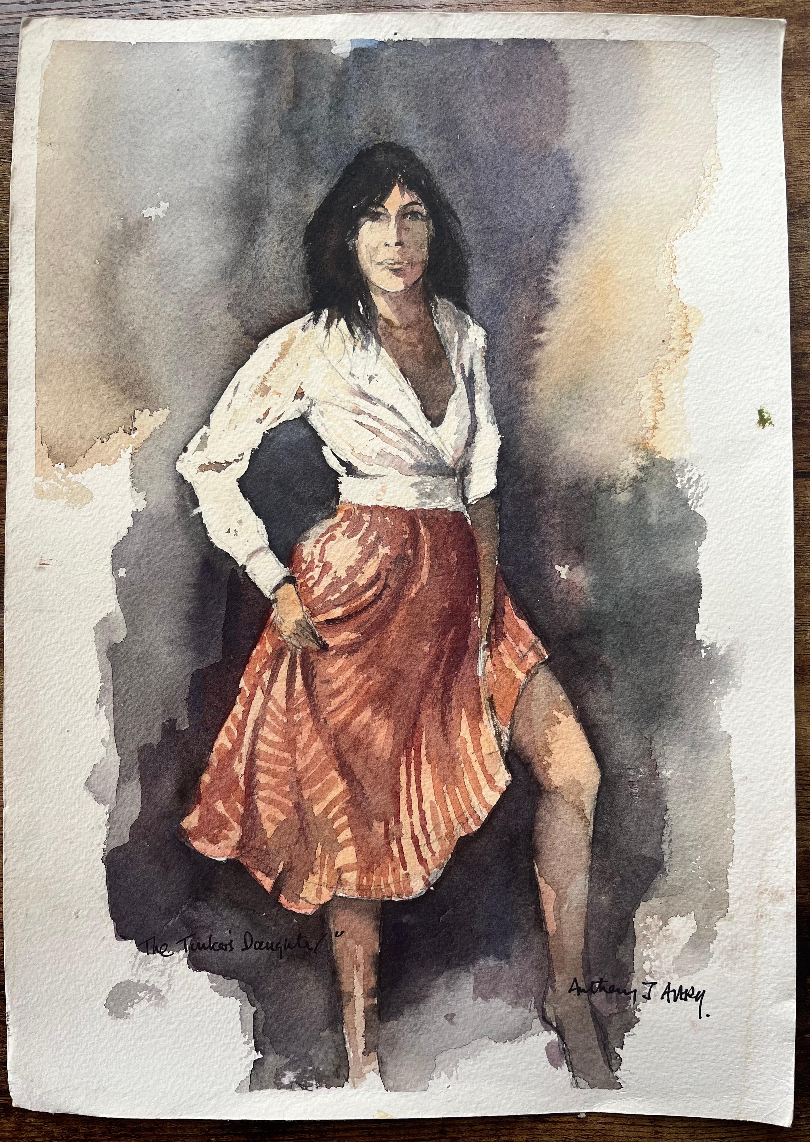 Britisches impressionistisches Aquarell einer Frau in rotem Rock – The Tinker's Daughter, British Impressionist – Painting von Anthony Avery