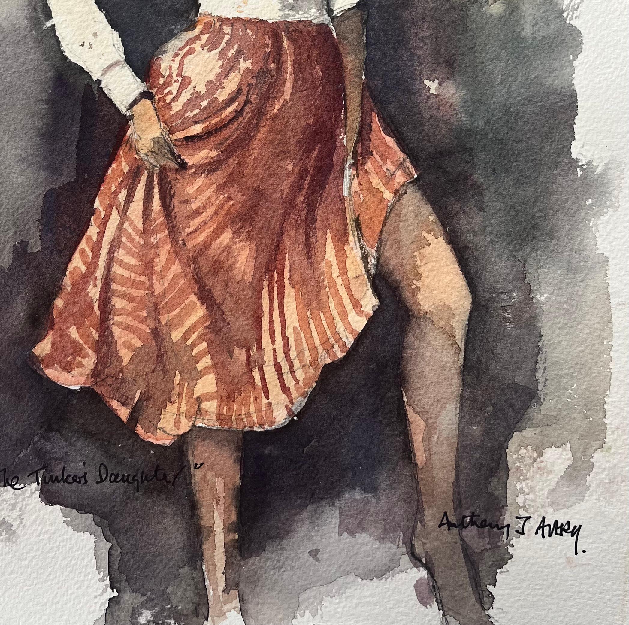 Britisches impressionistisches Aquarell einer Frau in rotem Rock – The Tinker's Daughter, British Impressionist (Impressionismus), Painting, von Anthony Avery