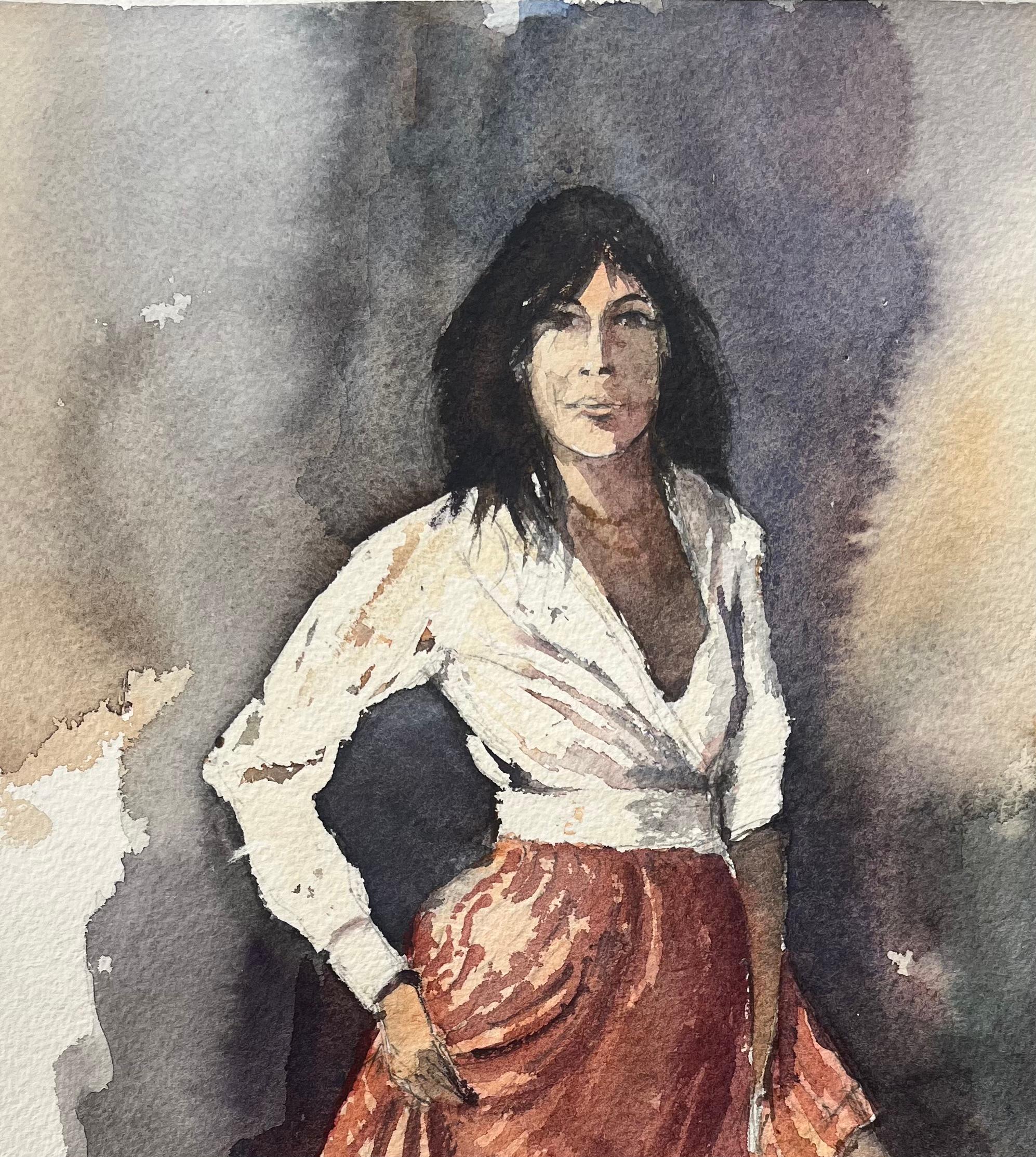 Britisches impressionistisches Aquarell einer Frau in rotem Rock – The Tinker's Daughter, British Impressionist (Braun), Landscape Painting, von Anthony Avery