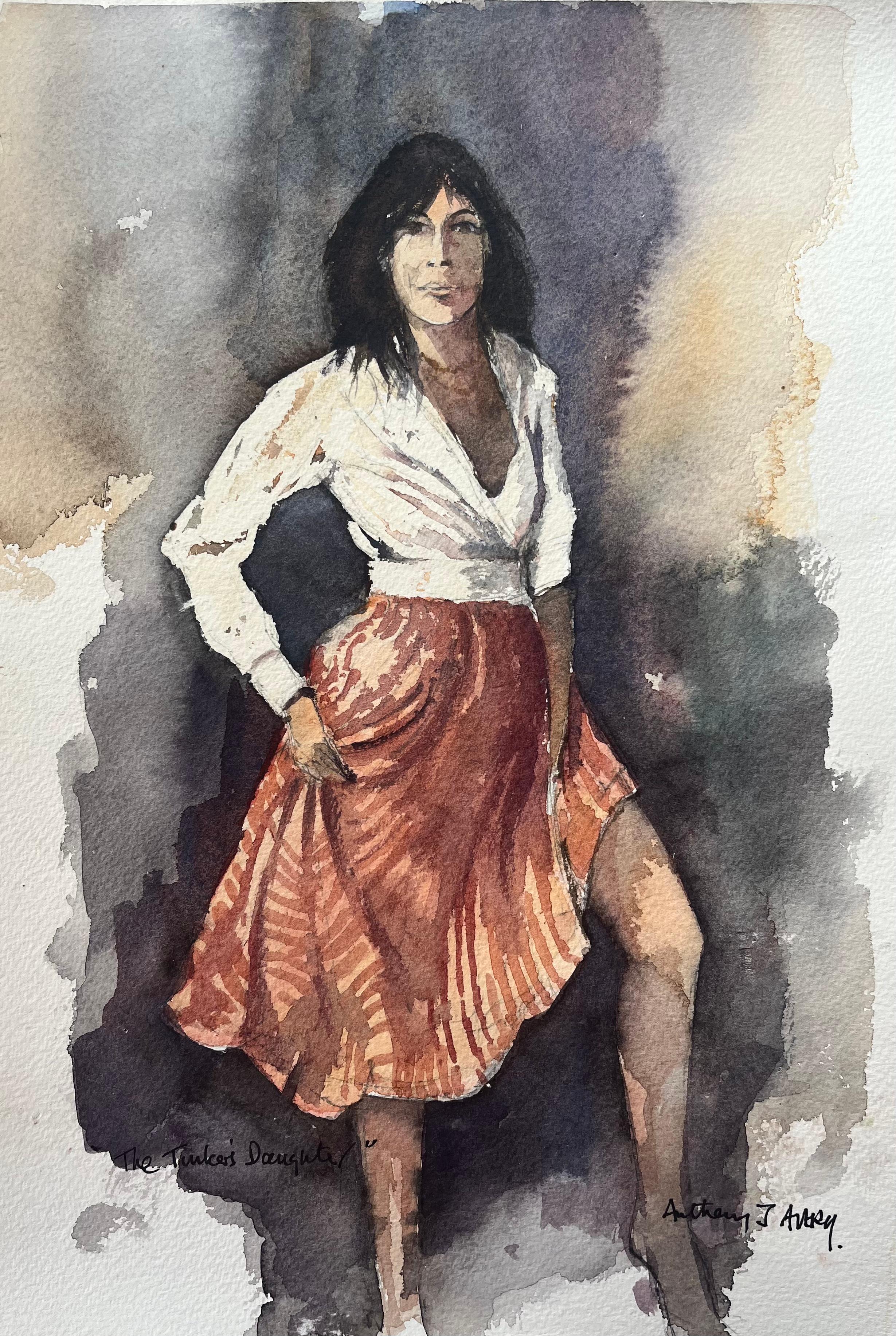 Anthony Avery Landscape Painting – Britisches impressionistisches Aquarell einer Frau in rotem Rock – The Tinker's Daughter, British Impressionist