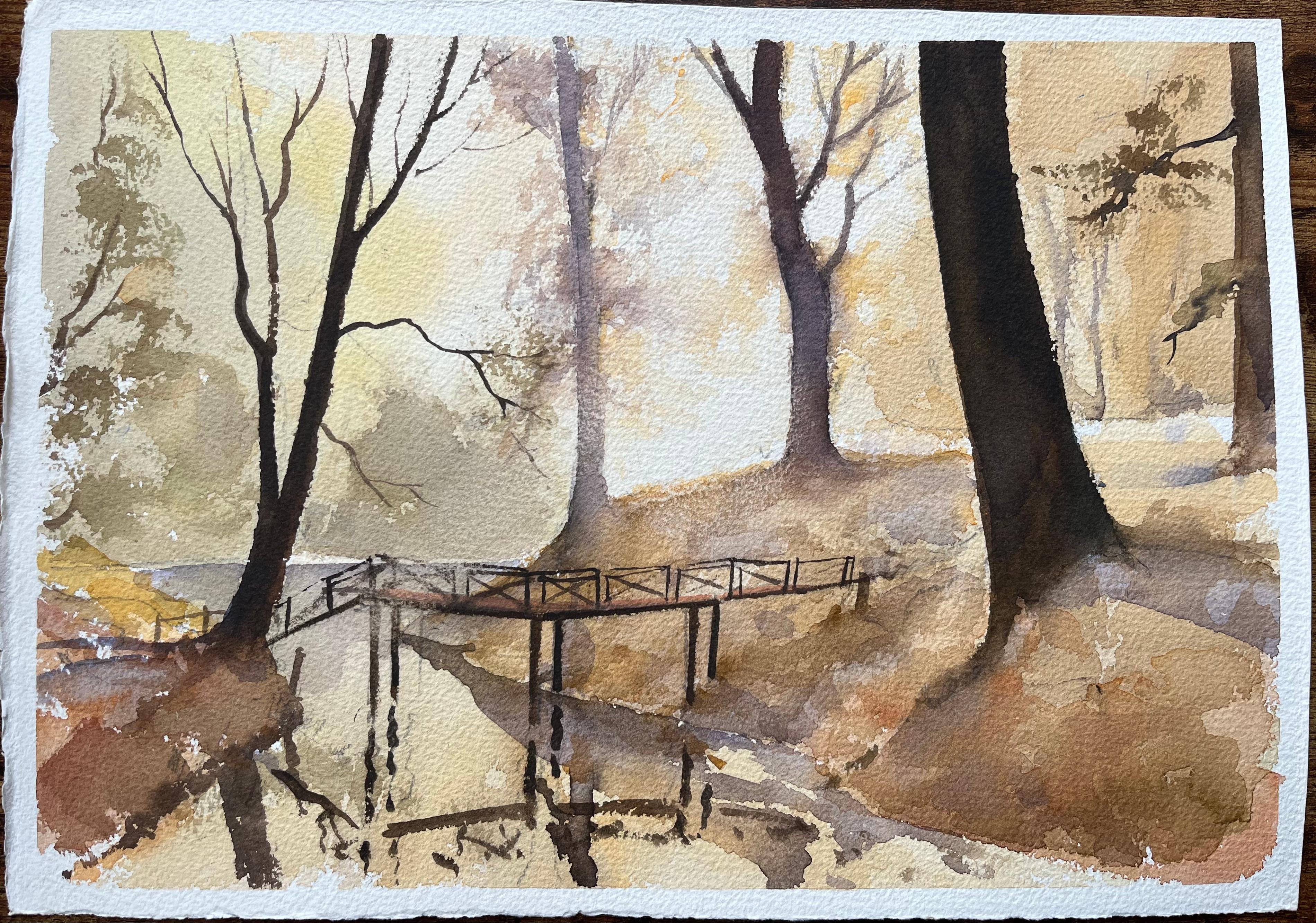 Acquerello impressionista britannico di un ponte nel bosco all'alba - Painting di Anthony Avery