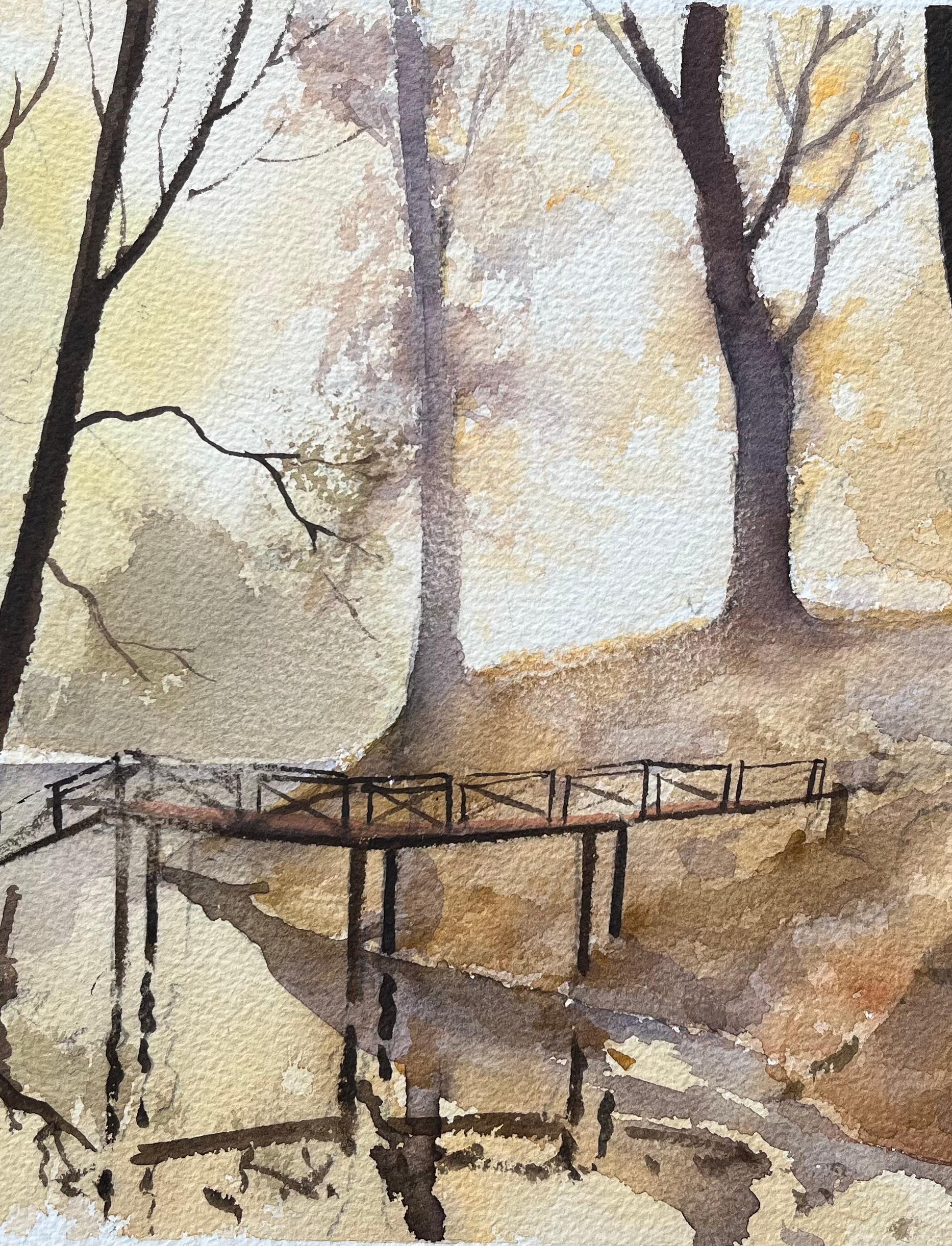 Titolo: Acquerello impressionista britannico di un ponte nel bosco all'alba
di Anthony Avery (Regno Unito 1946-2023)
Acquerello originale su carta per artisti, senza cornice
Dimensioni: 11 x 15,5 pollici (altezza x larghezza)
Condit: Buono, con