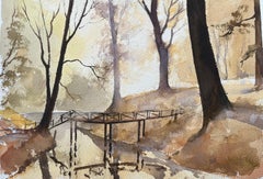 Acquerello impressionista britannico di un ponte nel bosco all'alba