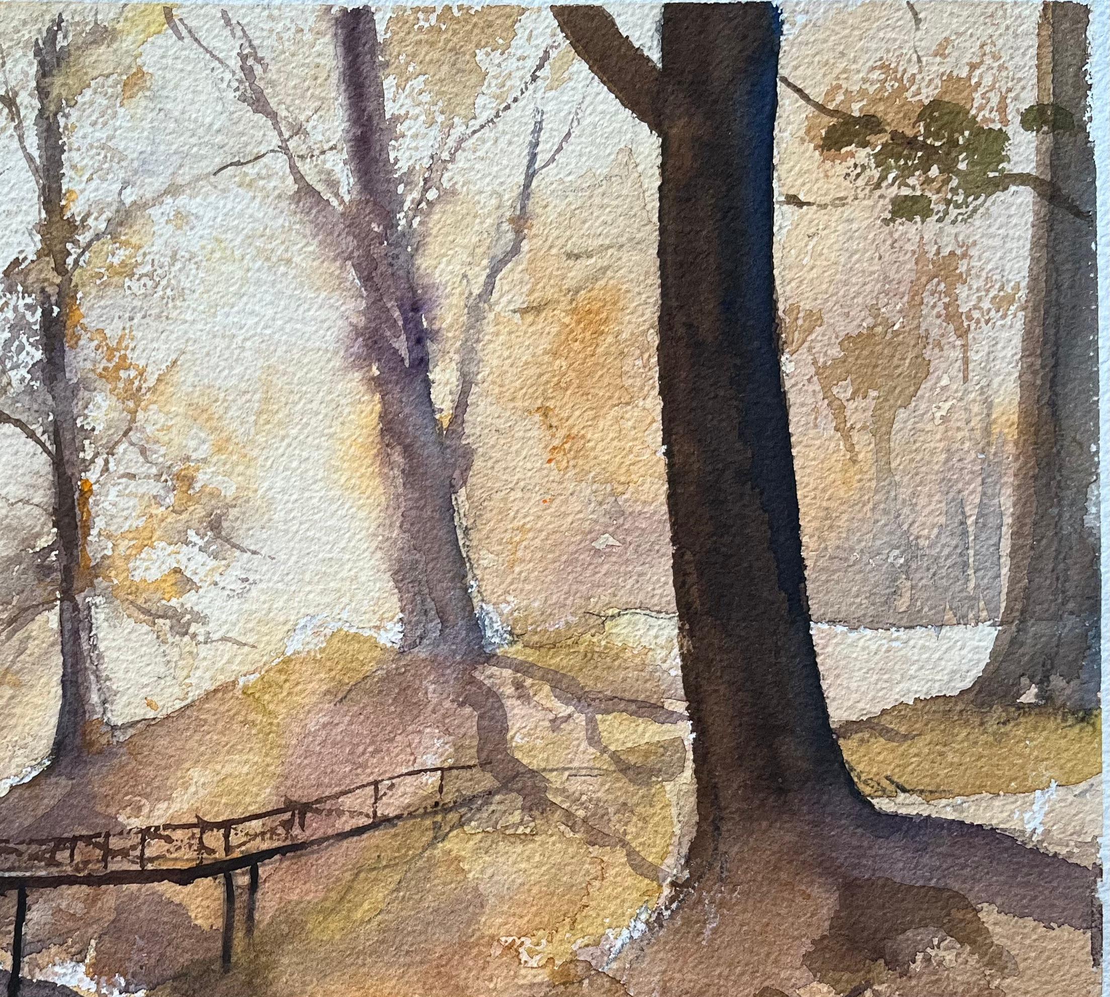 Título: Acuarela impresionista británica de un puente de bosque con luz otoñal
Por Anthony Avery (británico 1946-2023)
Acuarela original sobre papel de artista, sin enmarcar
Dimensiones: 11 x 15,5 pulgadas (Alto x Ancho)
Estado: Bueno, con algunos