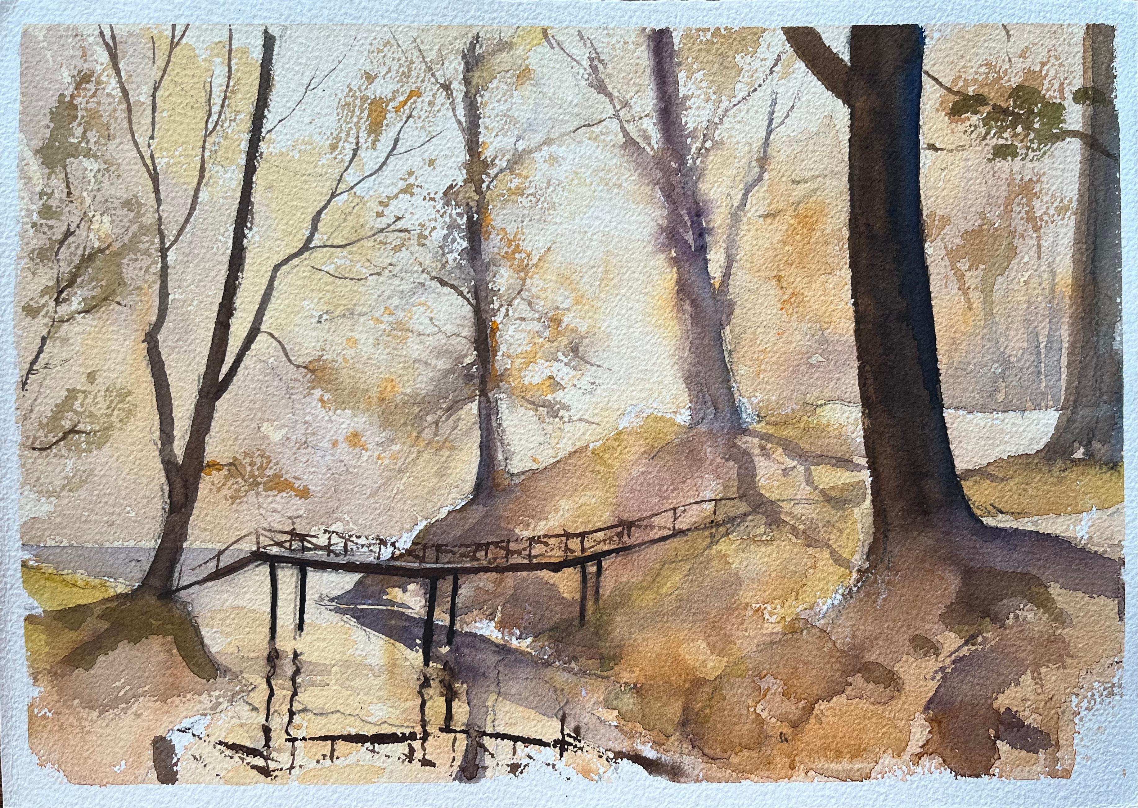 Landscape Painting de Anthony Avery - Acuarela impresionista británica de un puente de bosque con luz otoñal