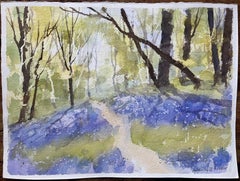British Impressionist Watercolor of a Woodland Path with Spring Bluebells