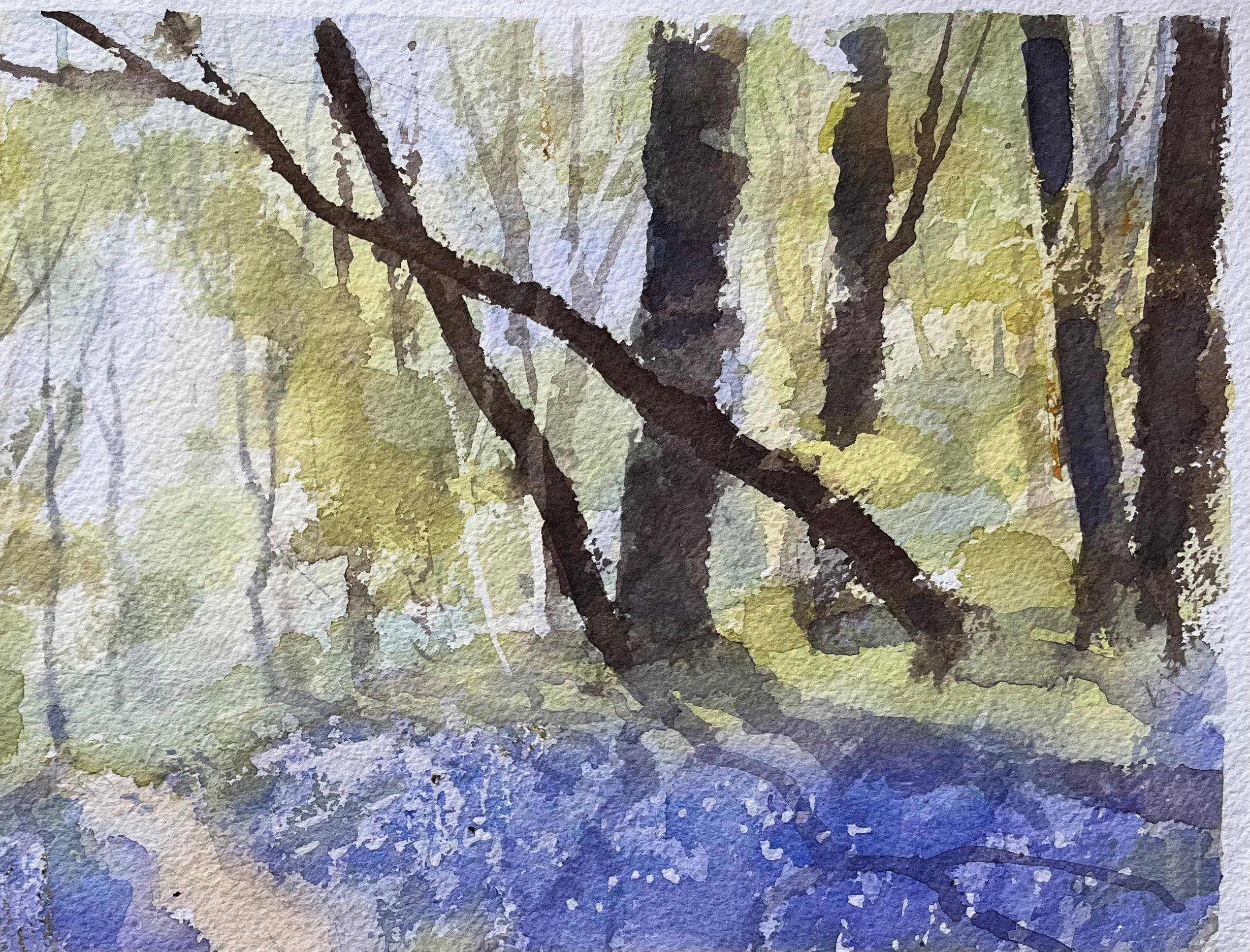 Acuarela impresionista británica de un sendero del bosque con campanillas de primavera - Landscape Painting Gris de Anthony Avery